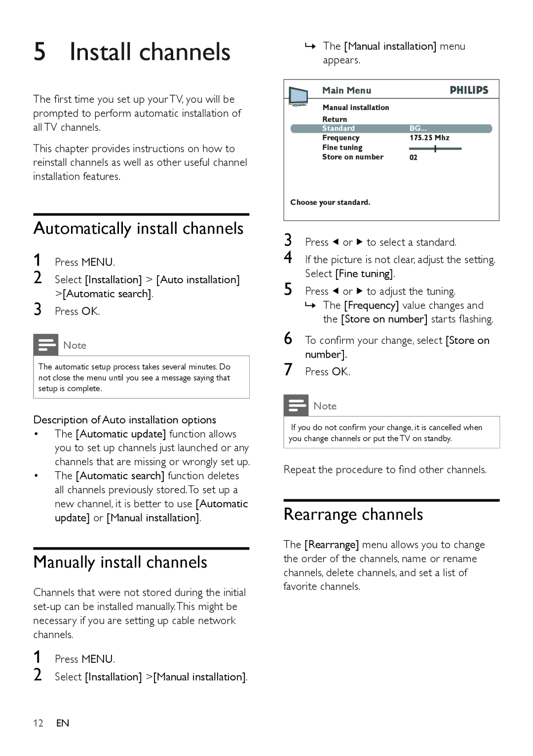 Philips 26PFL3403/94 Install channels, Automatically install channels, Manually install channels, Rearrange channels 