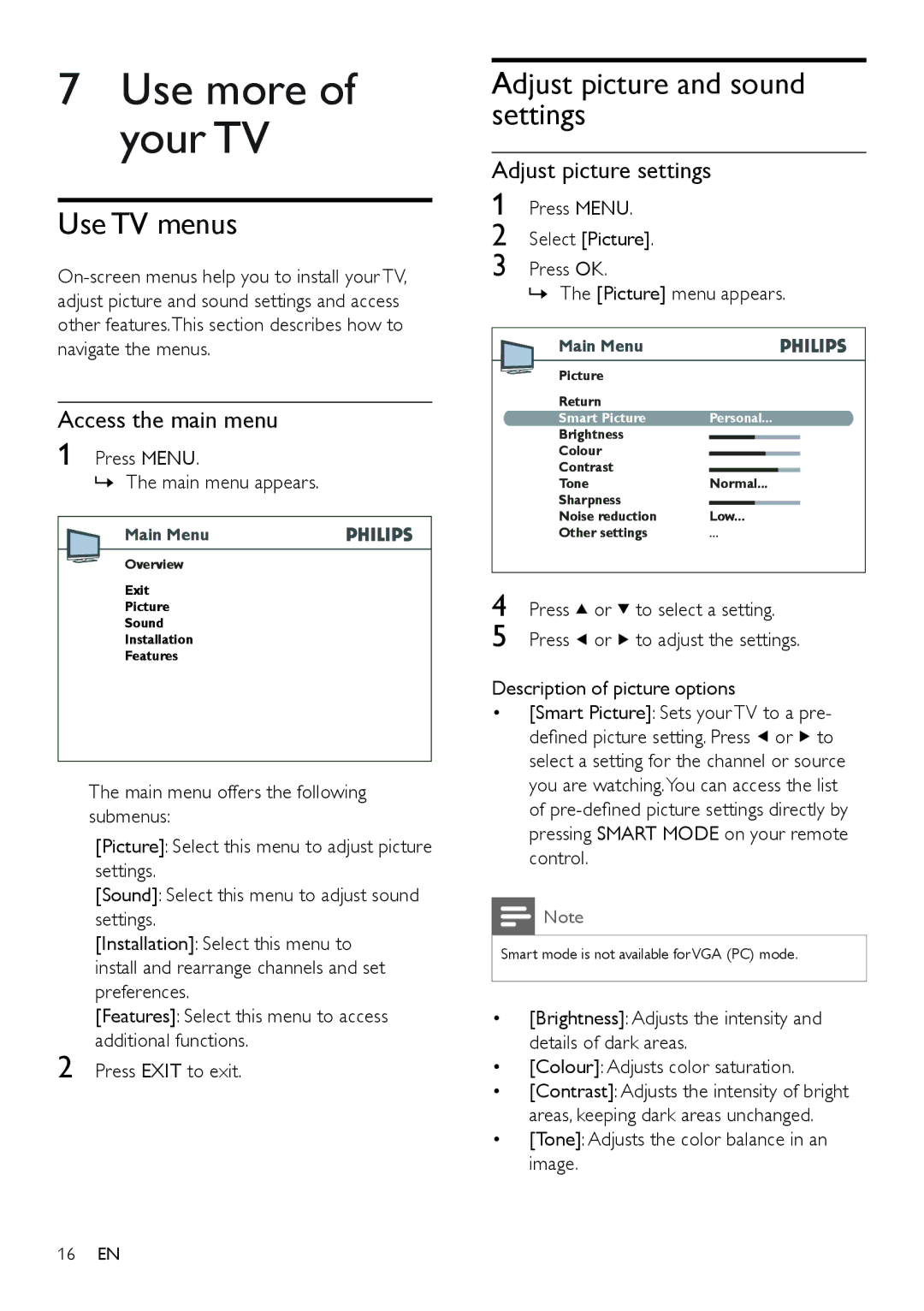 Philips 26PFL3403/94 user manual Use more of your TV, Use TV menus, Adjust picture and sound settings, Access the main menu 