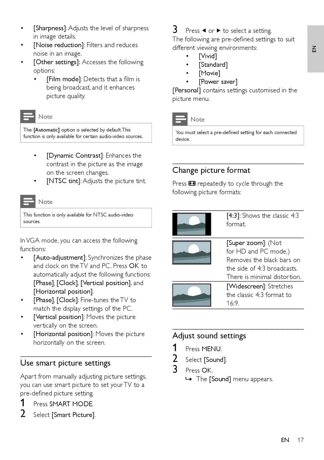 Philips 26PFL3403/94 user manual Use smart picture settings, Change picture format, Adjust sound settings 