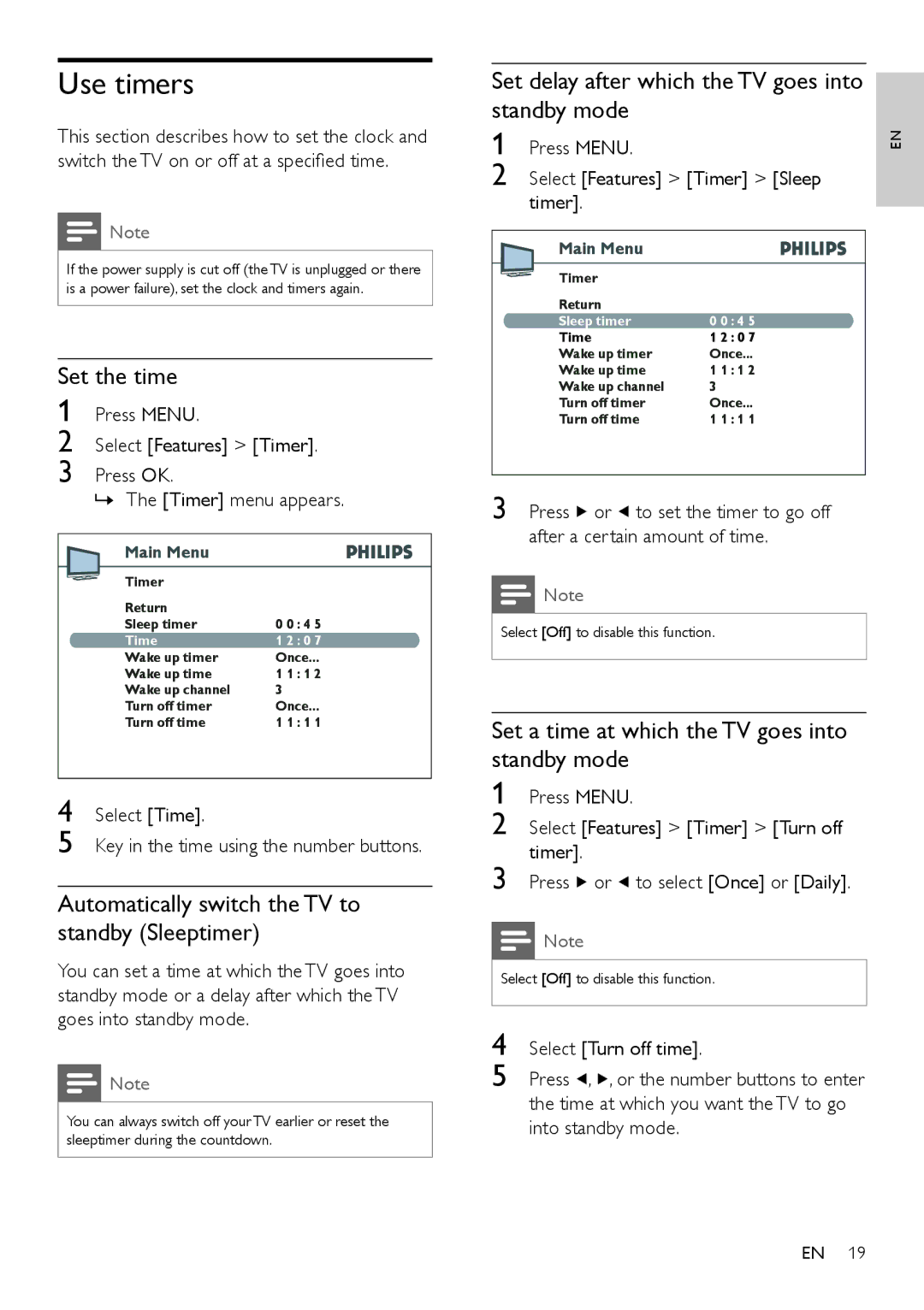 Philips 26PFL3403/94 user manual Use timers, Set the time, Automatically switch the TV to standby Sleeptimer 