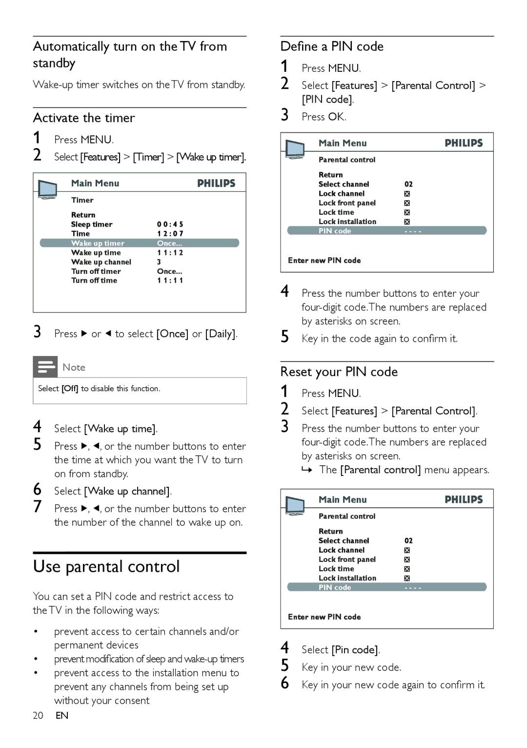 Philips 26PFL3403/94 Use parental control, Automatically turn on the TV from standby, Activate the timer, Deﬁne a PIN code 