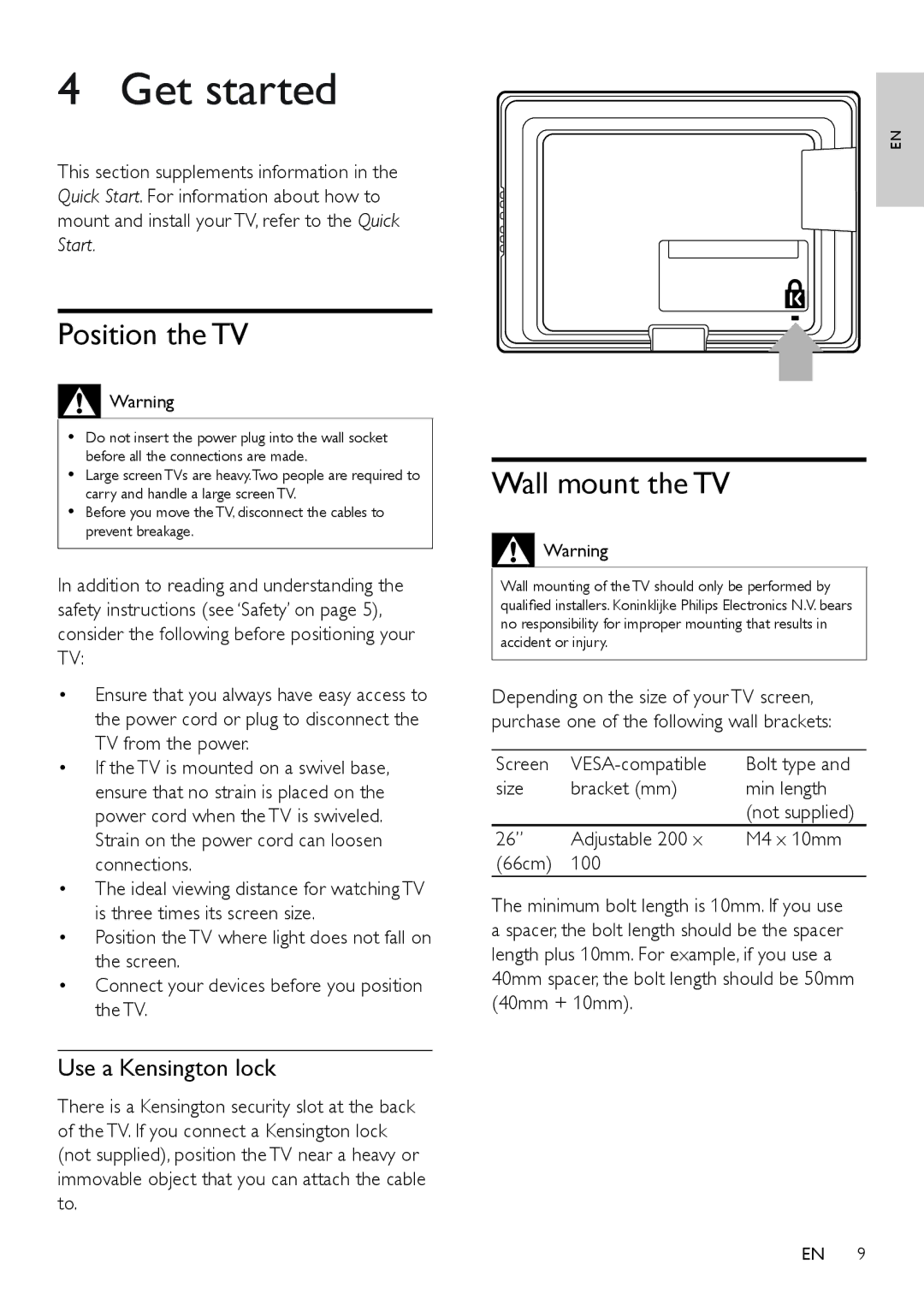 Philips 26PFL3403/94 user manual Get started, Position the TV, Wall mount the TV, Use a Kensington lock 