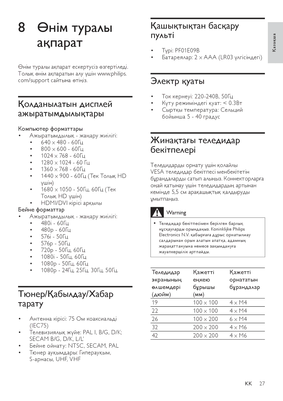 Philips 42PFL3404/12, 26PFL3404/60 manual Қашықтықтан басқару Пульті, Электр қуаты, Қолданылатын дисплей ажыратымдылықтары 