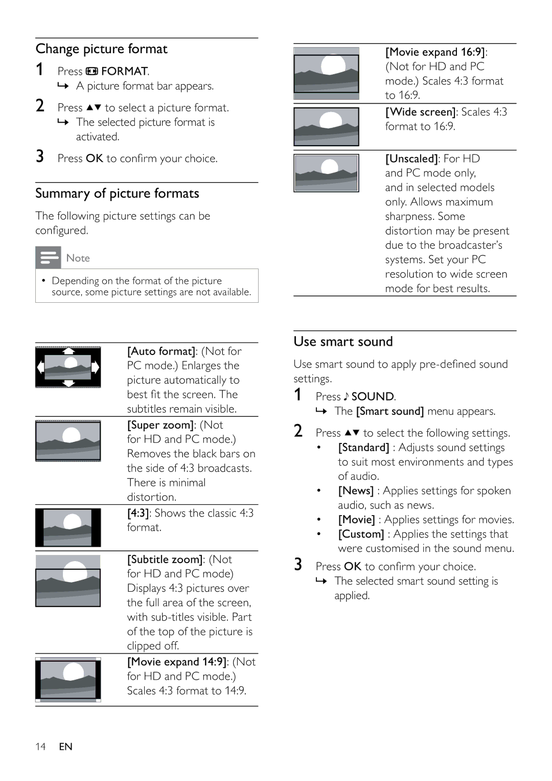 Philips 26PFL3405/12, 22PFL3405/12 user manual Change picture format, Summary of picture formats, Use smart sound 