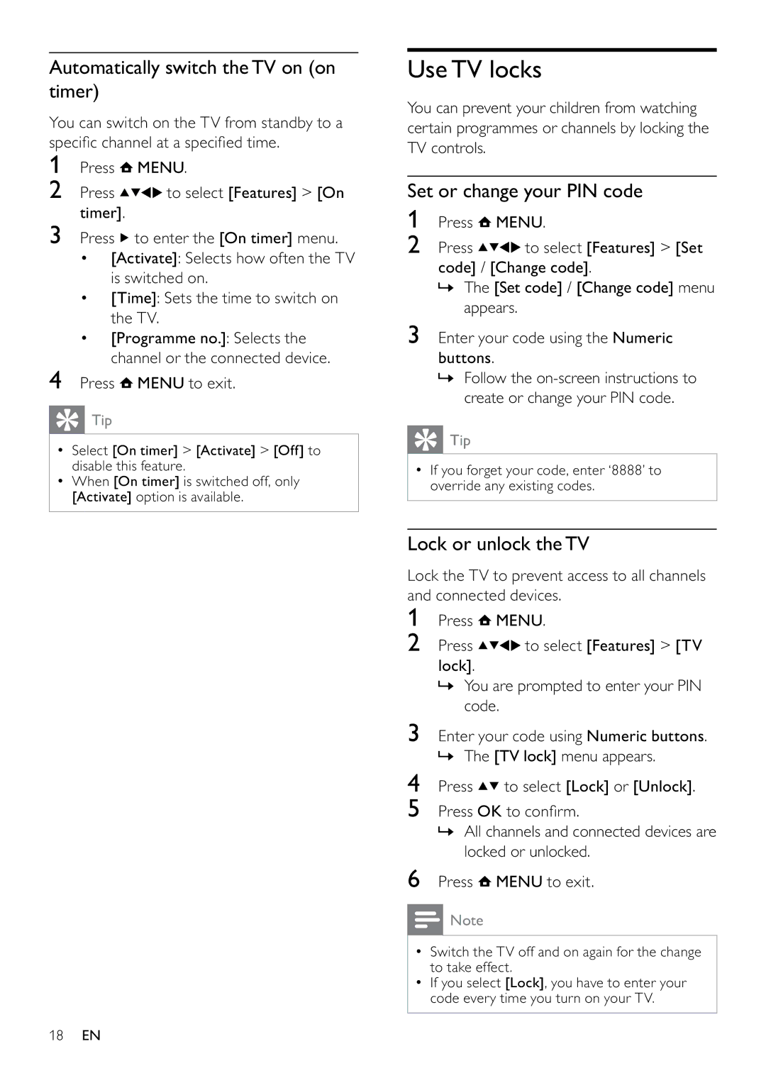 Philips 26PFL3405/12, 22PFL3405/12 Use TV locks, Automatically switch the TV on on timer, Set or change your PIN code 