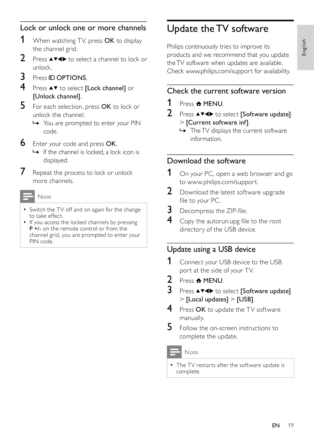 Philips 22PFL3405/12 Update the TV software, Lock or unlock one or more channels, Check the current software version 