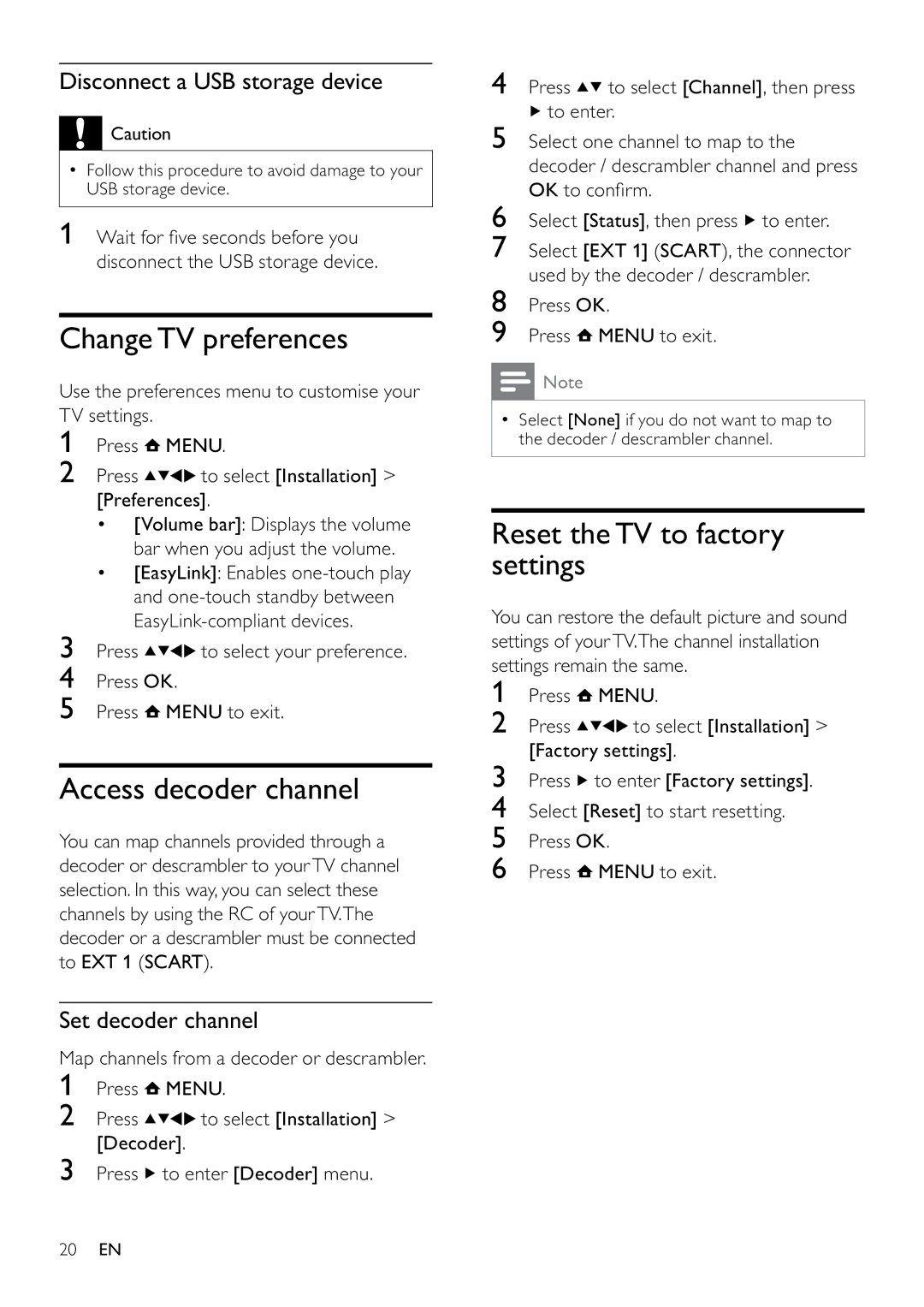 Philips 26PFL3405/12 Change TV preferences, Access decoder channel, Reset the TV to factory settings, Set decoder channel 