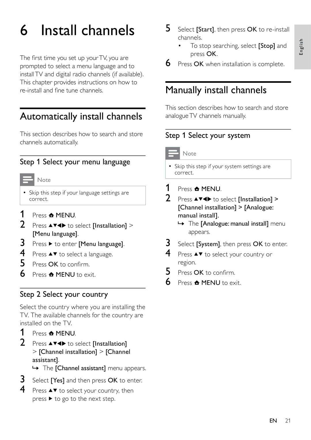 Philips 22PFL3405/12, 26PFL3405/12 user manual Install channels, Automatically install channels, Manually install channels 