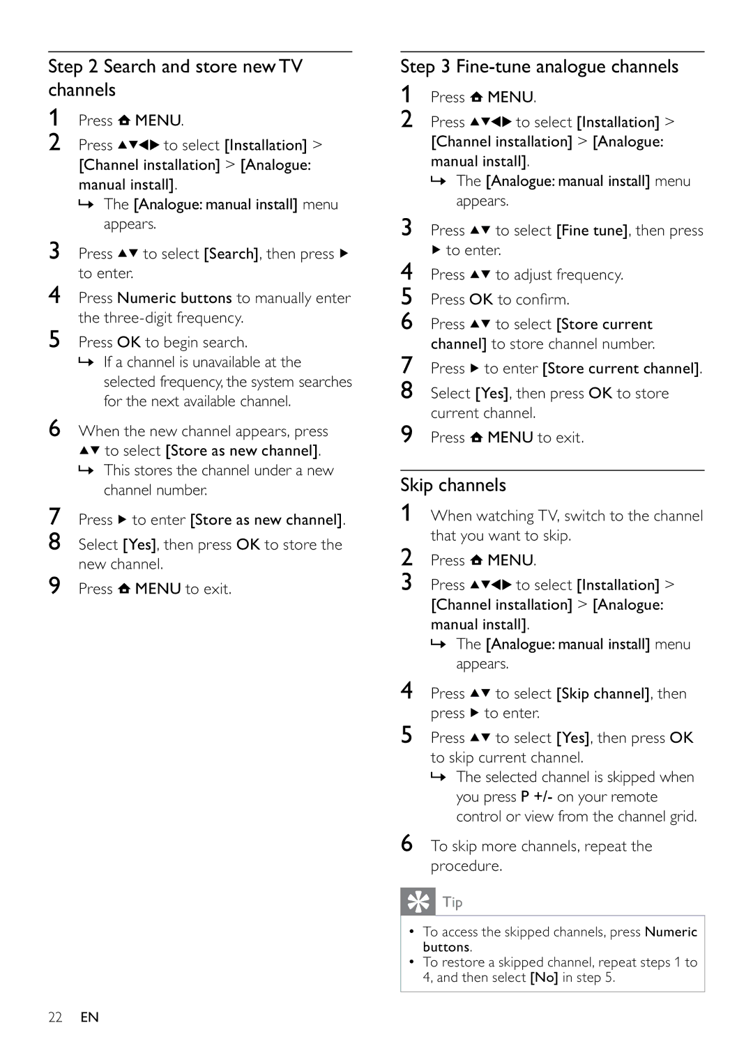Philips 26PFL3405/12, 22PFL3405/12 user manual Search and store new TV channels, Fine-tune analogue channels, Skip channels 