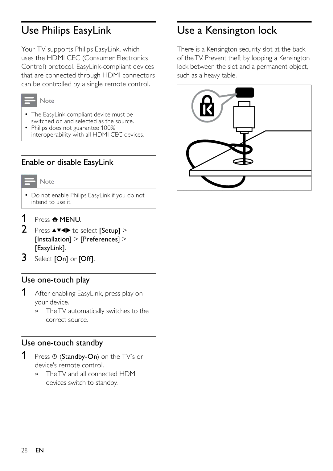 Philips 26PFL3405/12 Use Philips EasyLink, Use a Kensington lock, Enable or disable EasyLink, Use one-touch play 