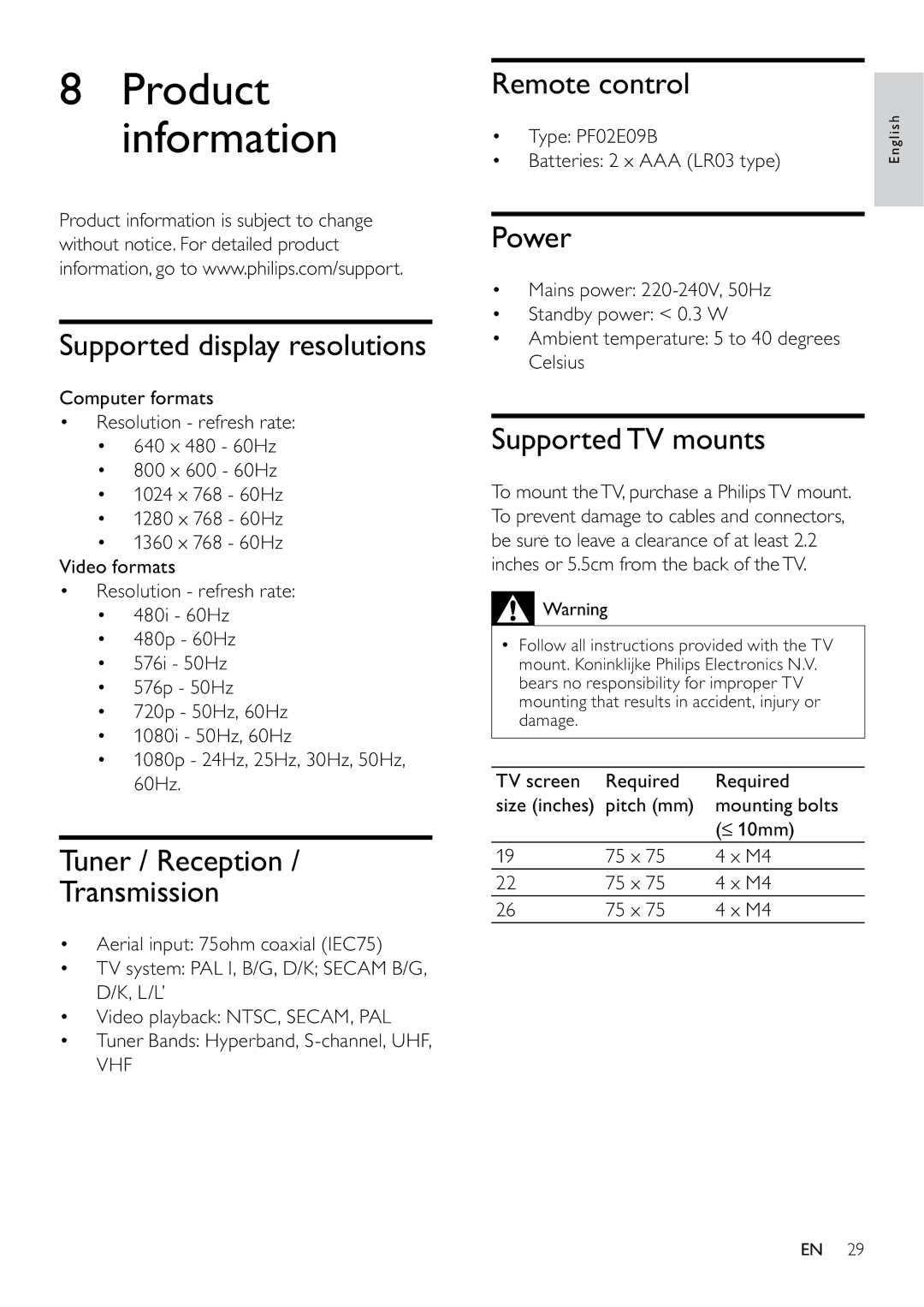 Philips 22PFL3405/12 user manual Supported display resolutions, Tuner / Reception Transmission, Power, Supported TV mounts 