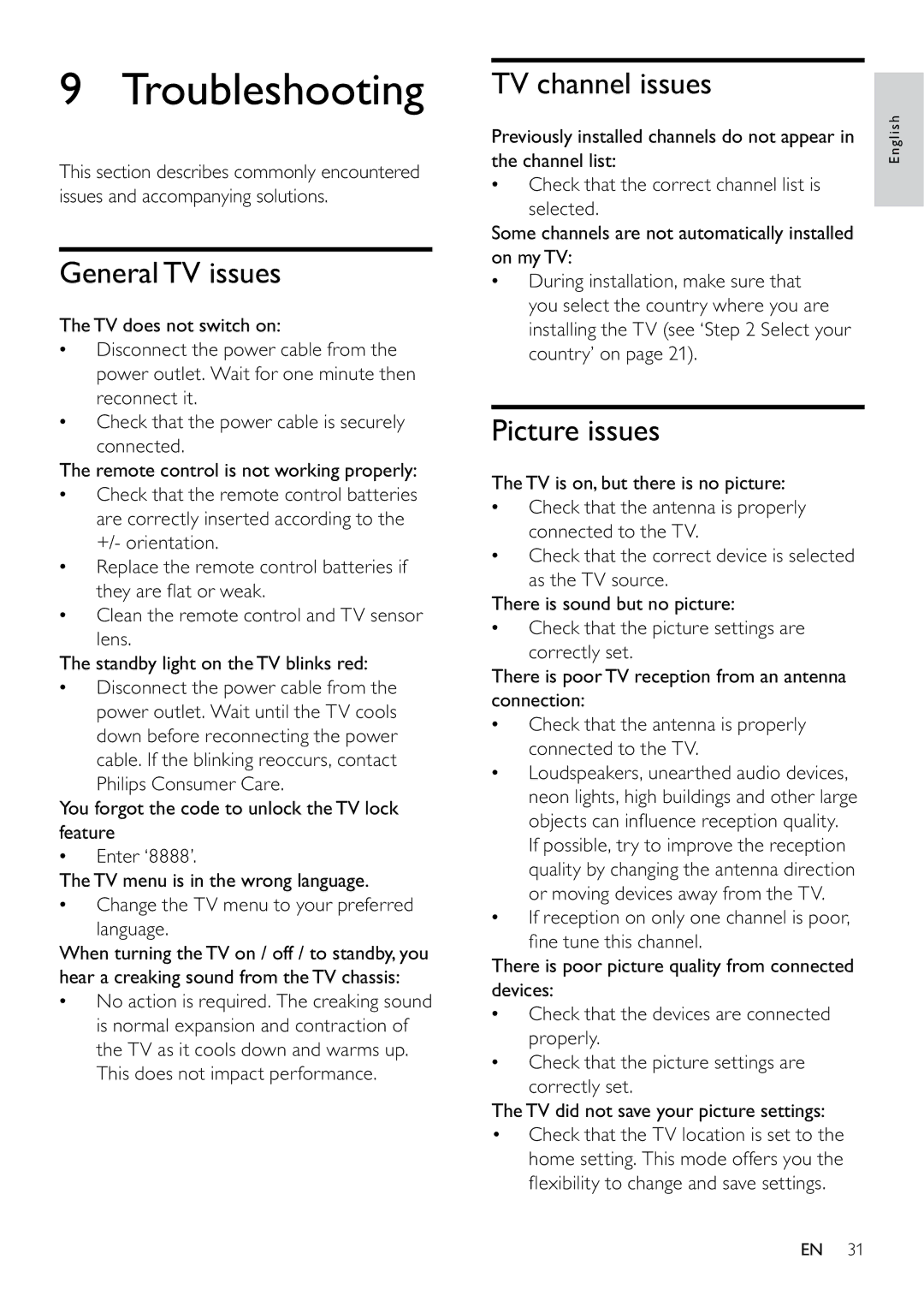 Philips 22PFL3405/12, 26PFL3405/12 user manual Troubleshooting, General TV issues, TV channel issues, Picture issues 