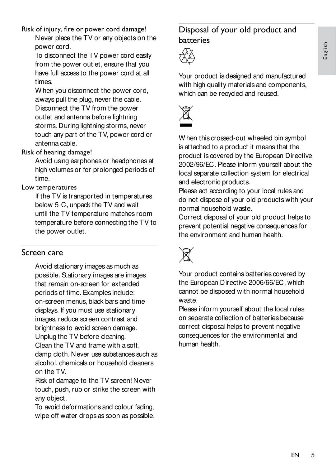 Philips 22PFL3405/12, 26PFL3405/12 user manual Screen care, Disposal of your old product and batteries 