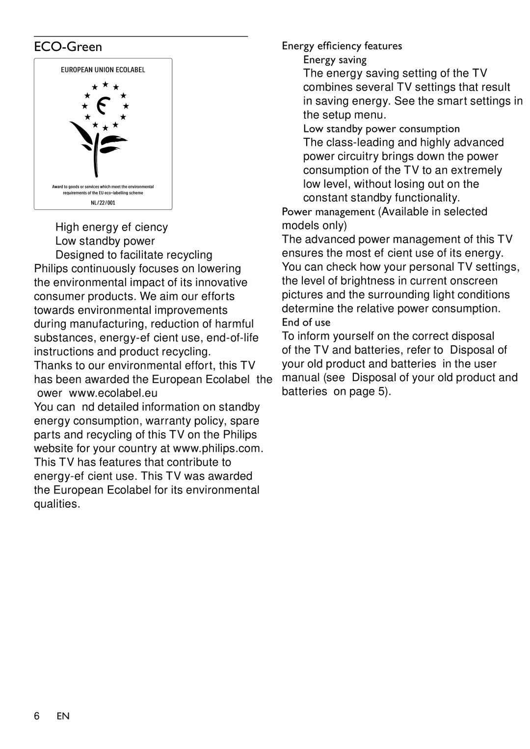 Philips 26PFL3405/12, 22PFL3405/12 user manual ECO-Green, High energy efﬁciency Low standby power 