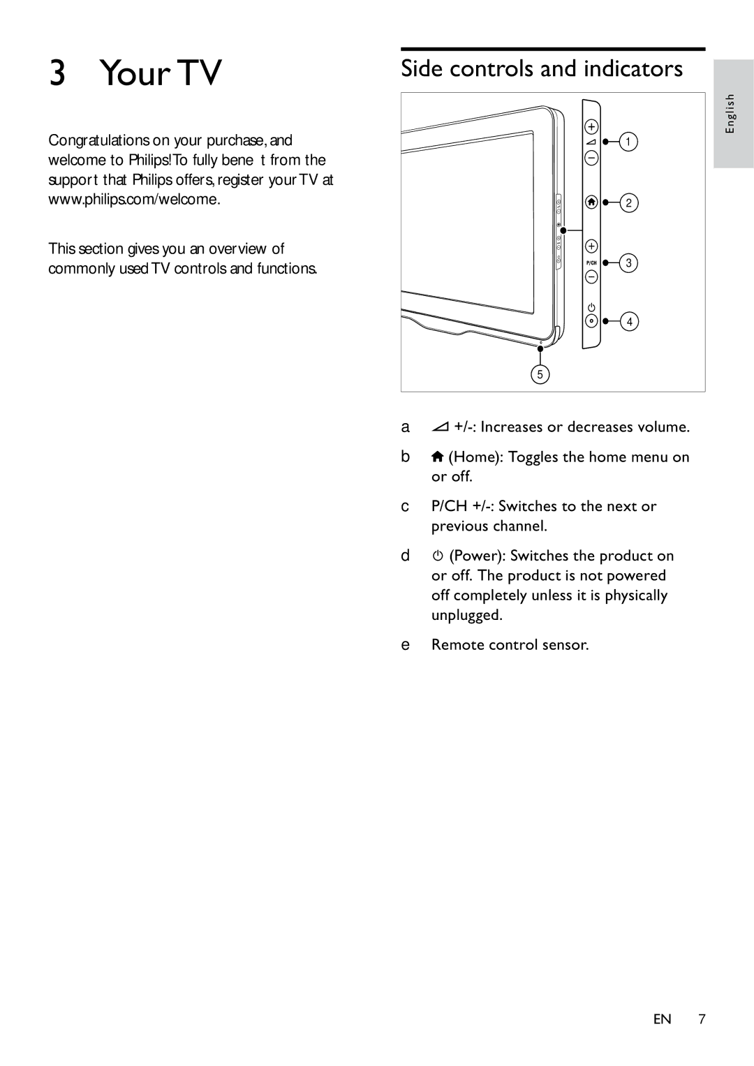 Philips 22PFL3405/12, 26PFL3405/12 user manual Your TV, Side controls and indicators 