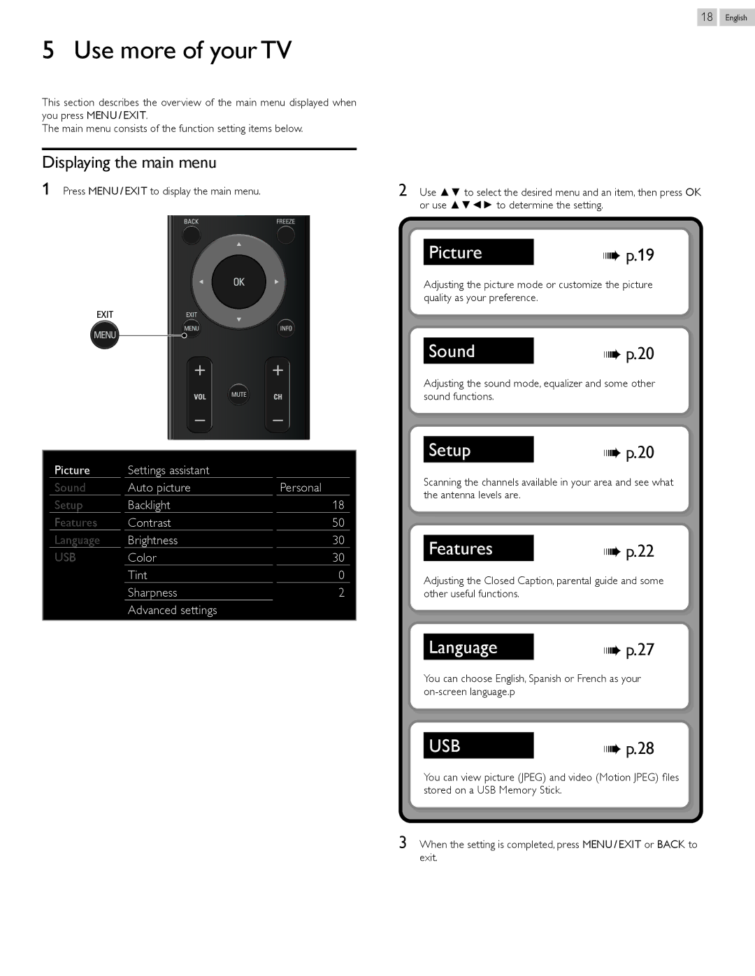 Philips 26PFL4507, 22PFL4507, 32PFL4507 user manual Use more of your TV, Displaying the main menu 