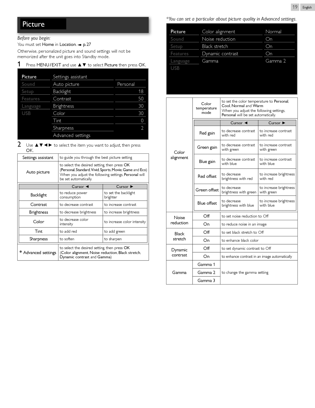 Philips 22PFL4507, 26PFL4507 Picture Color alignment Normal, Noise reduction, Black stretch, Dynamic contrast, Gamma 