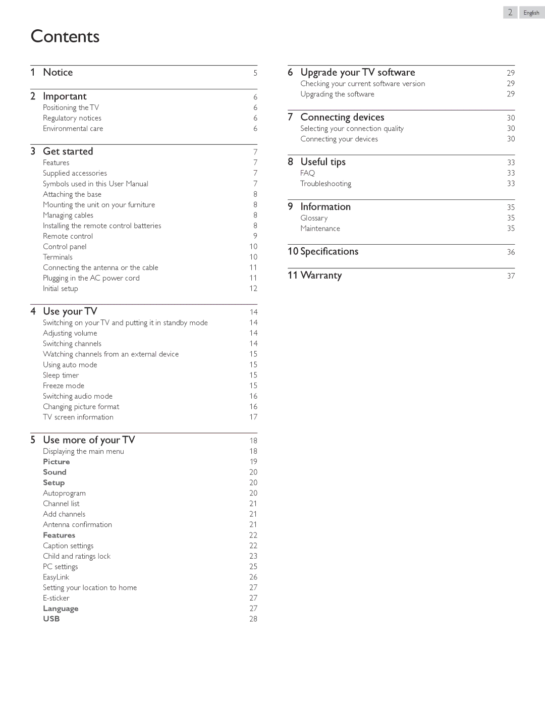 Philips 32PFL4507, 26PFL4507, 22PFL4507 user manual Contents 