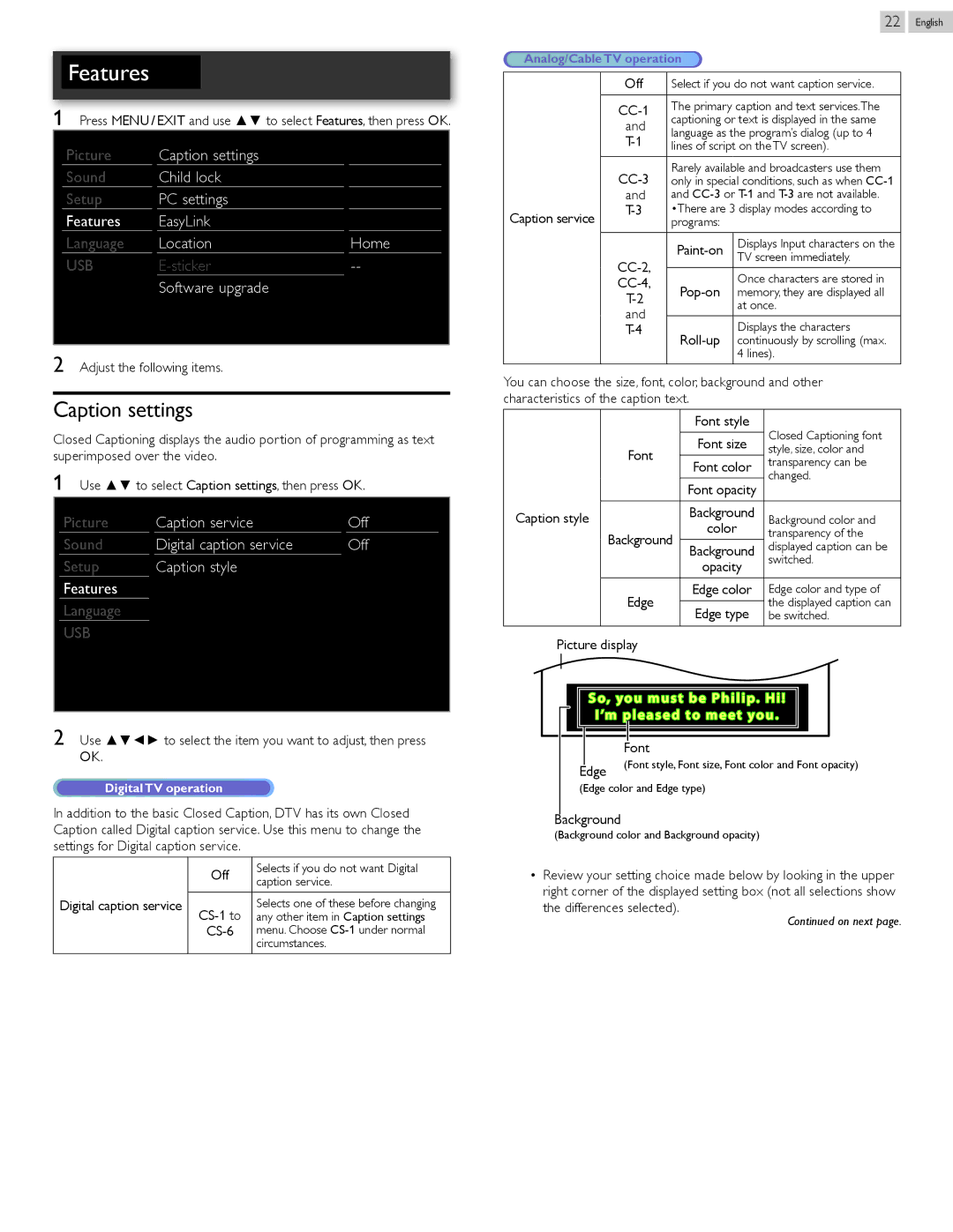 Philips 22PFL4507, 26PFL4507, 32PFL4507 user manual Caption settings 