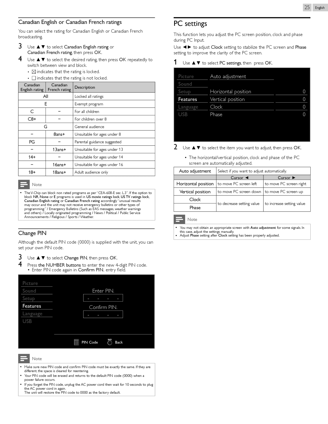 Philips 22PFL4507, 26PFL4507, 32PFL4507 user manual PC settings, Canadian English or Canadian French ratings, Change PIN 