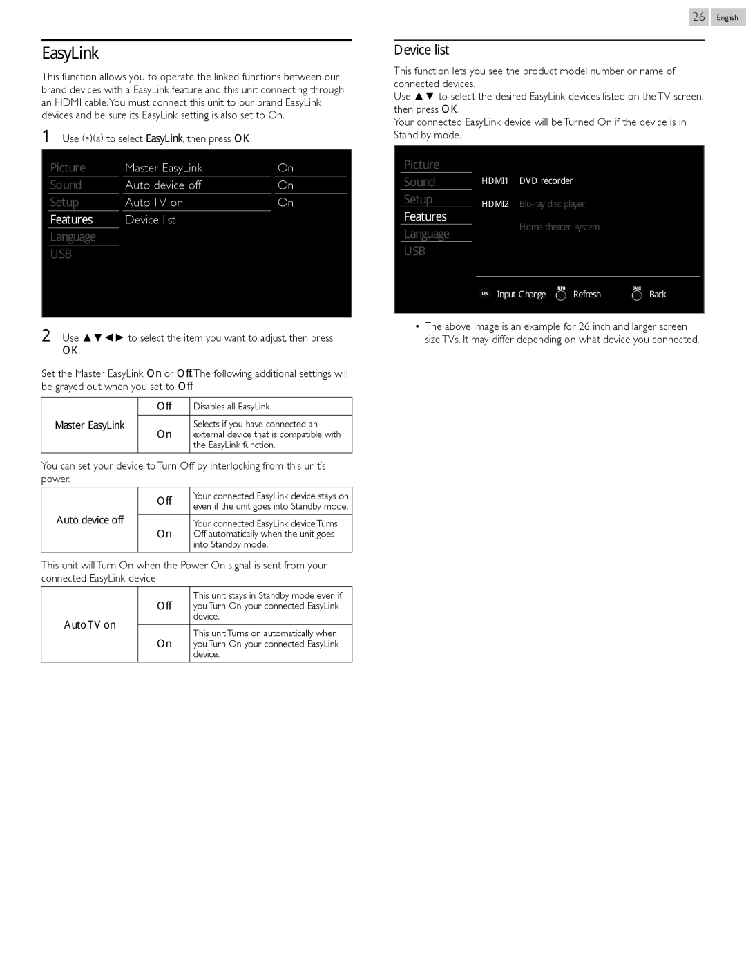 Philips 32PFL4507, 26PFL4507, 22PFL4507 user manual Master EasyLink, Auto device off, Auto TV on Features Device list 