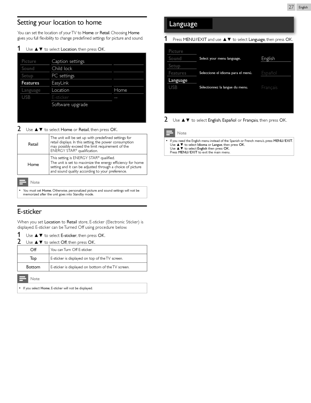 Philips 26PFL4507, 22PFL4507, 32PFL4507 user manual Setting your location to home, Sticker, English, Language 