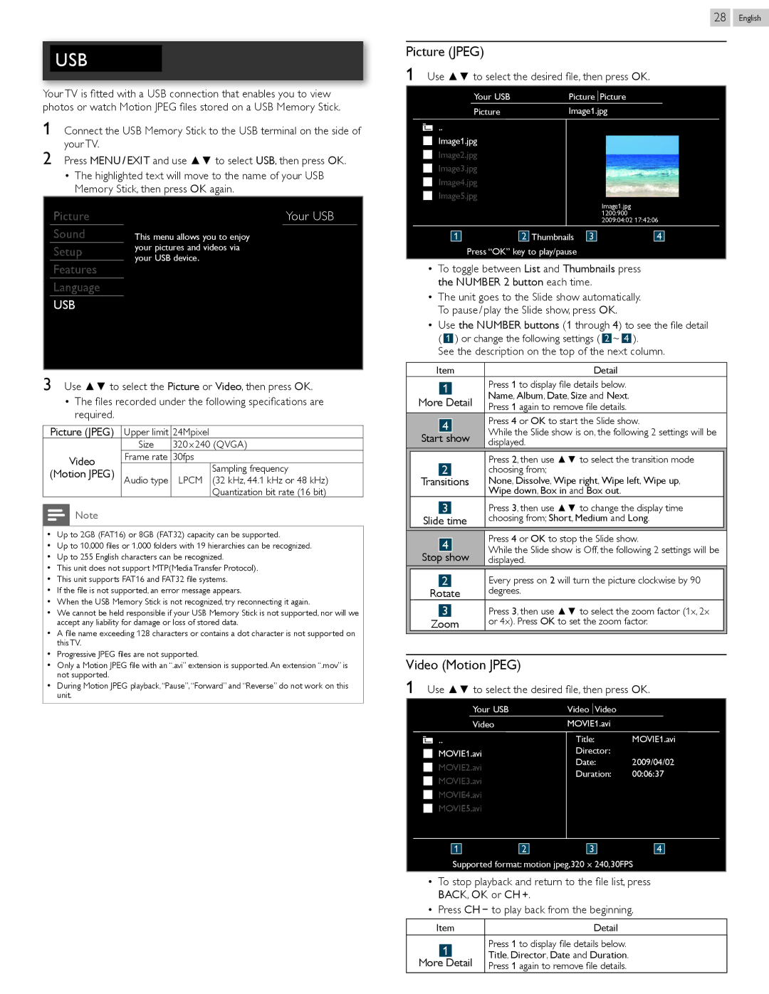 Philips 22PFL4507, 26PFL4507, 32PFL4507 user manual Picture Jpeg, Video Motion Jpeg, Your USB, Rotate 