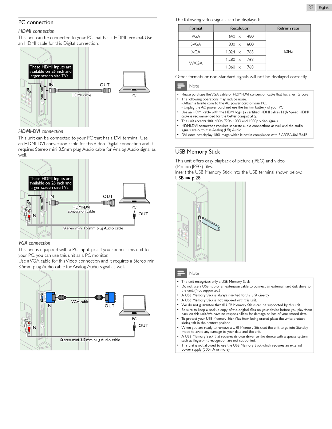 Philips 32PFL4507, 26PFL4507, 22PFL4507 user manual PC connection, USB Memory Stick, Following video signals can be displayed 