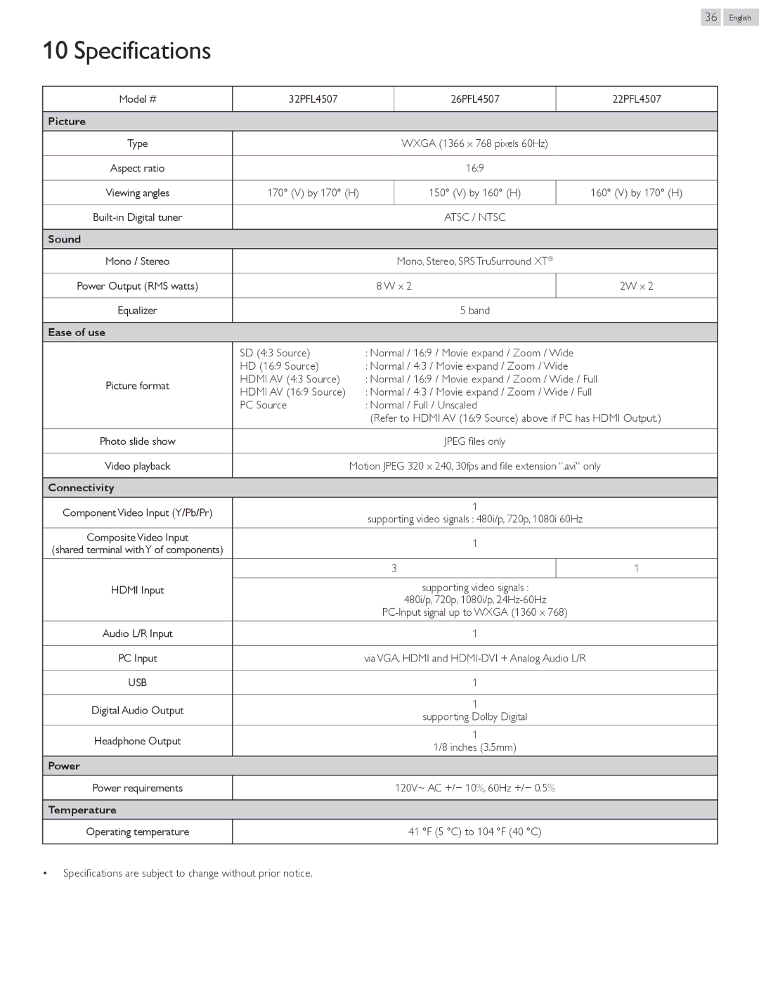 Philips 26PFL4507, 22PFL4507, 32PFL4507 user manual Specifications 