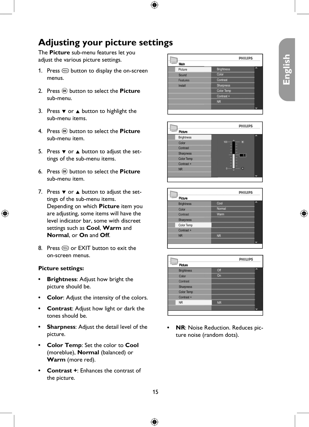 Philips 26PFL5322, 32PFL5332, 37PFL5332, 42PFL5332 user manual Adjusting your picture settings, Picture settings 