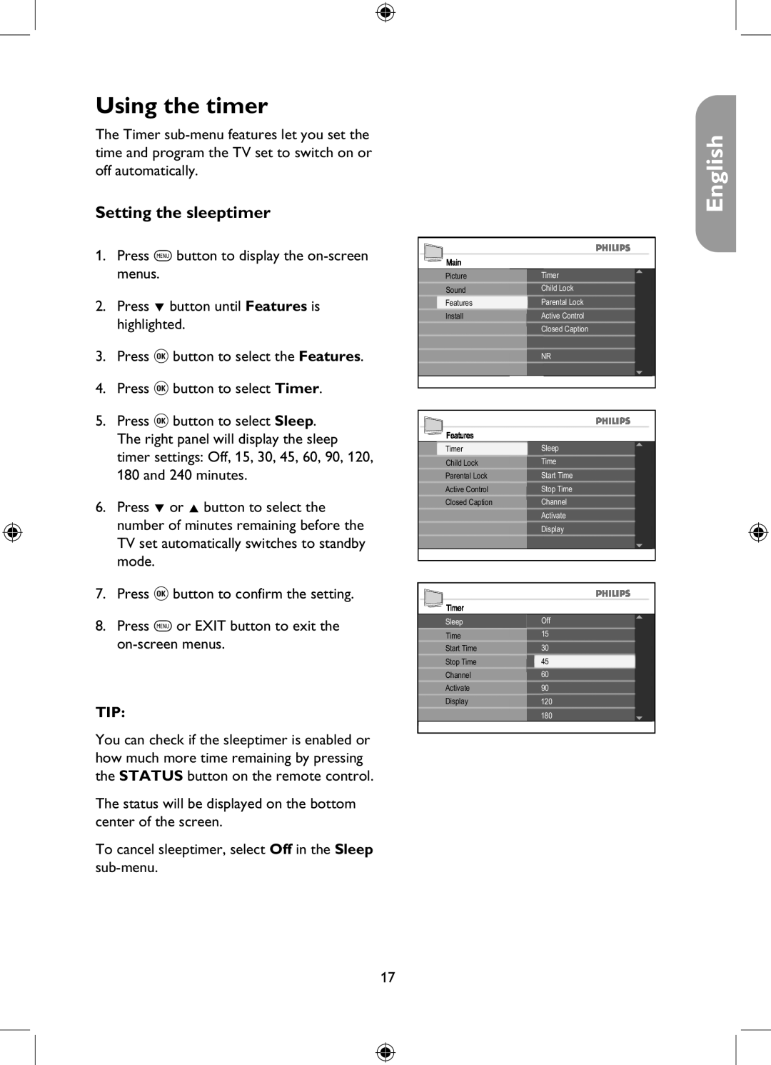 Philips 26PFL5322, 32PFL5332, 37PFL5332, 42PFL5332 user manual Using the timer, Setting the sleeptimer 