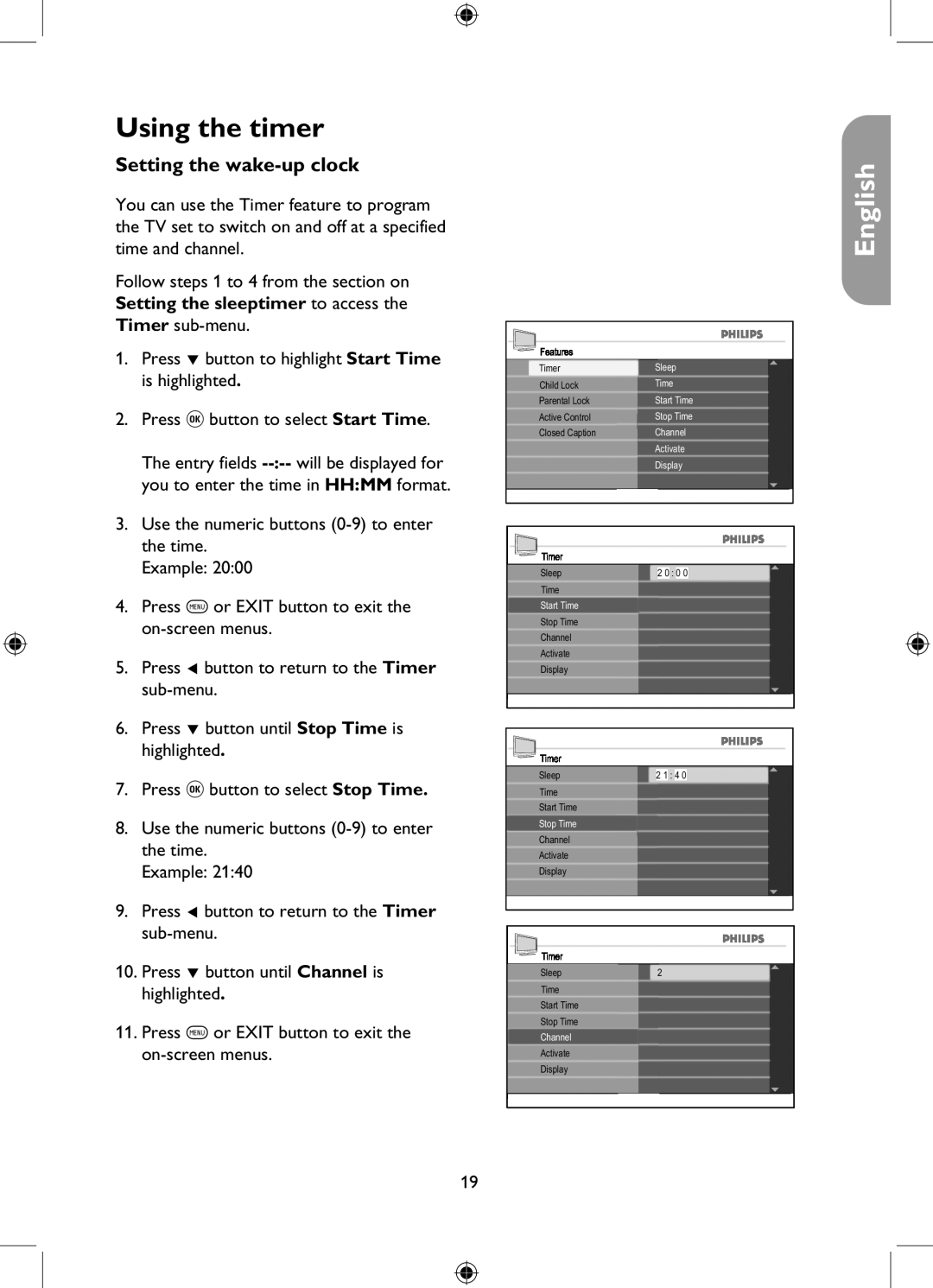 Philips 26PFL5322, 32PFL5332, 37PFL5332, 42PFL5332 user manual Setting the wake-up clock 