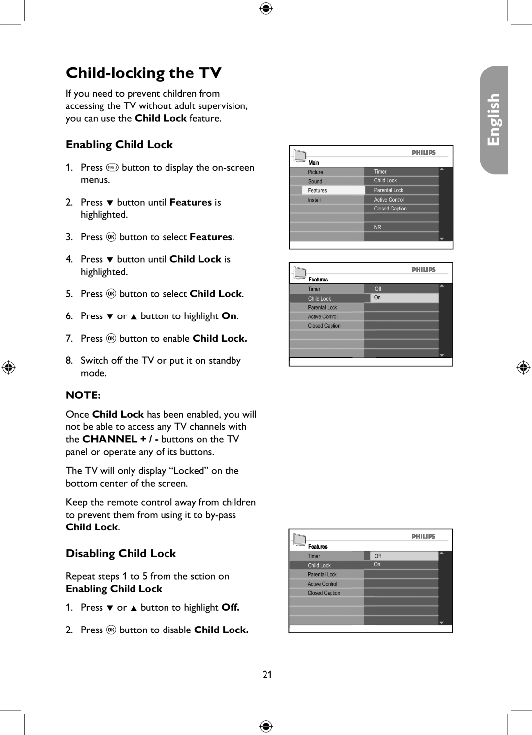 Philips 26PFL5322, 32PFL5332, 37PFL5332, 42PFL5332 Child-locking the TV, Enabling Child Lock, Disabling Child Lock 