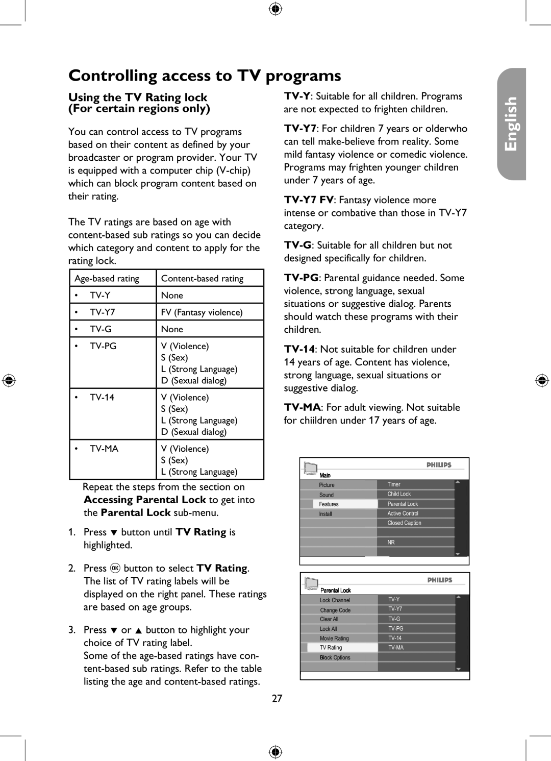 Philips 26PFL5322, 32PFL5332, 37PFL5332, 42PFL5332 user manual Using the TV Rating lock For certain regions only 