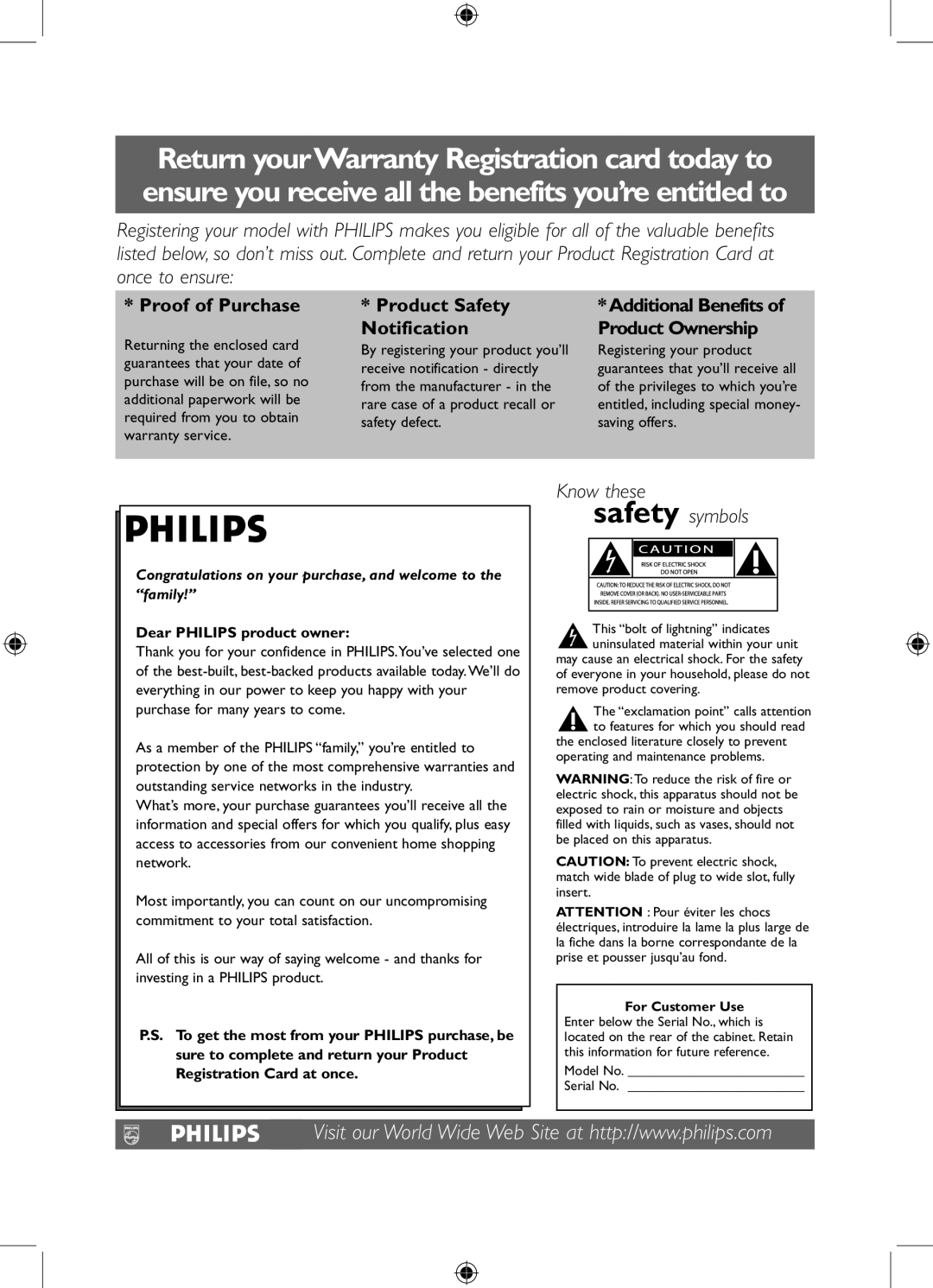 Philips 26PFL5322, 32PFL5332, 37PFL5332, 42PFL5332 user manual Proof of Purchase Product Safety Additional Benefits 