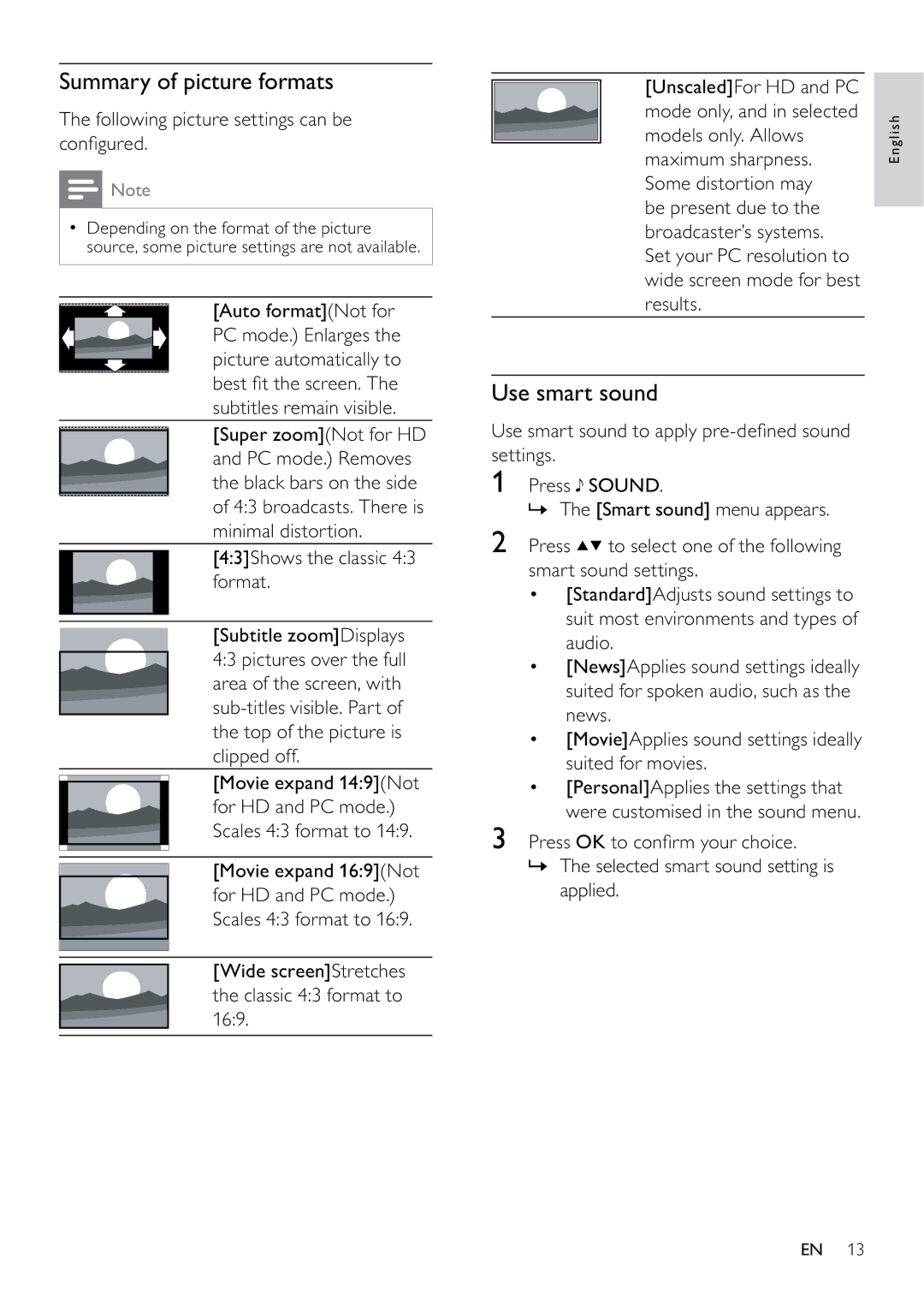 Philips 22PFL5604D/12 Summary of picture formats, Use smart sound, Following picture settings can be conﬁgured, Results 