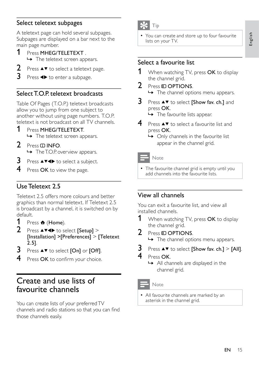 Philips 22PFL5604D/12, 26PFL5604D/12 user manual Create and use lists of favourite channels 