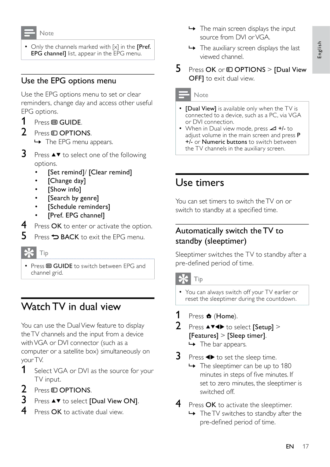 Philips 22PFL5604D/12 Watch TV in dual view, Use timers, Use the EPG options menu, Auxiliary screen displays the last 