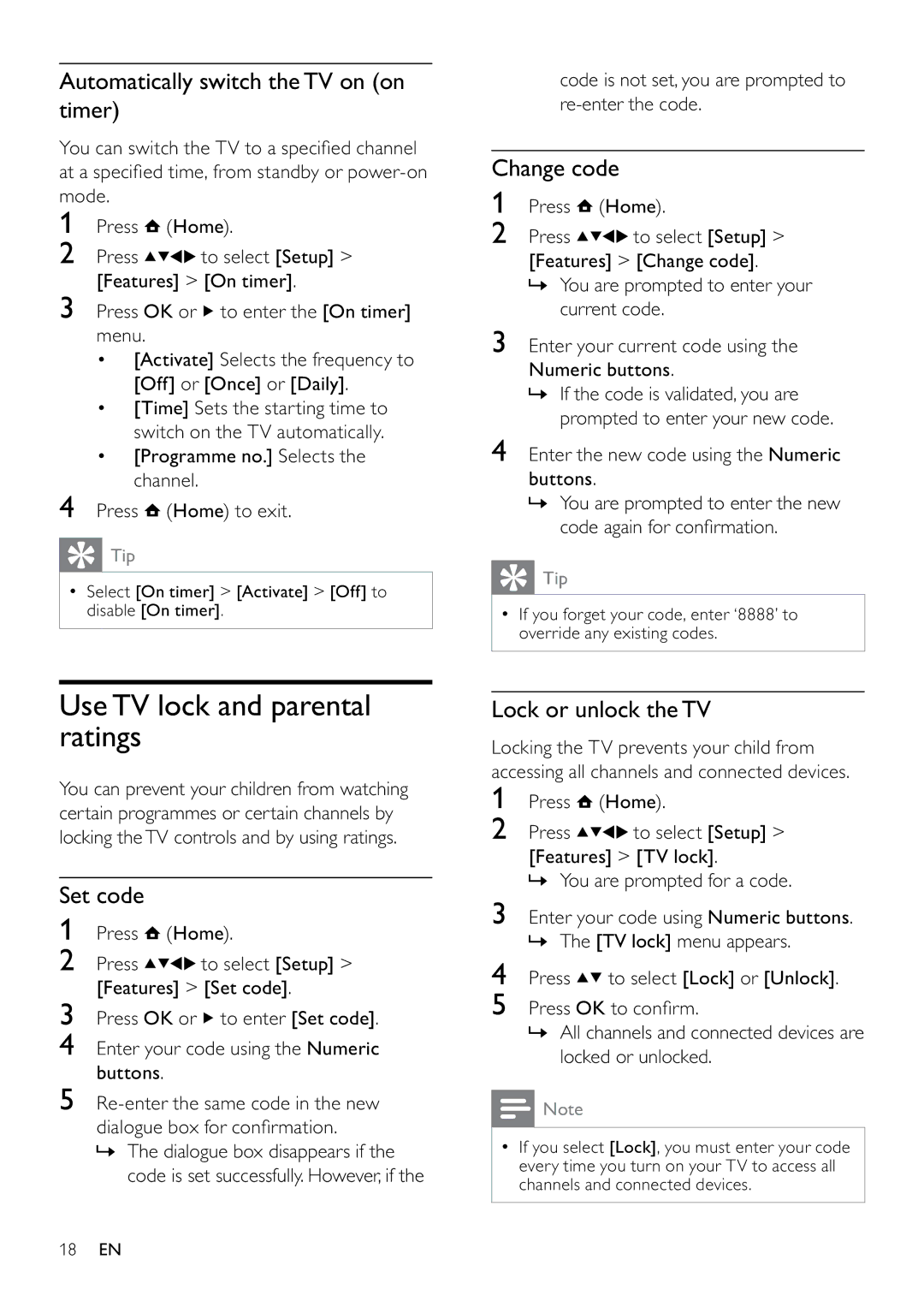 Philips 26PFL5604D/12 Use TV lock and parental ratings, Automatically switch the TV on on timer, Change code, Set code 