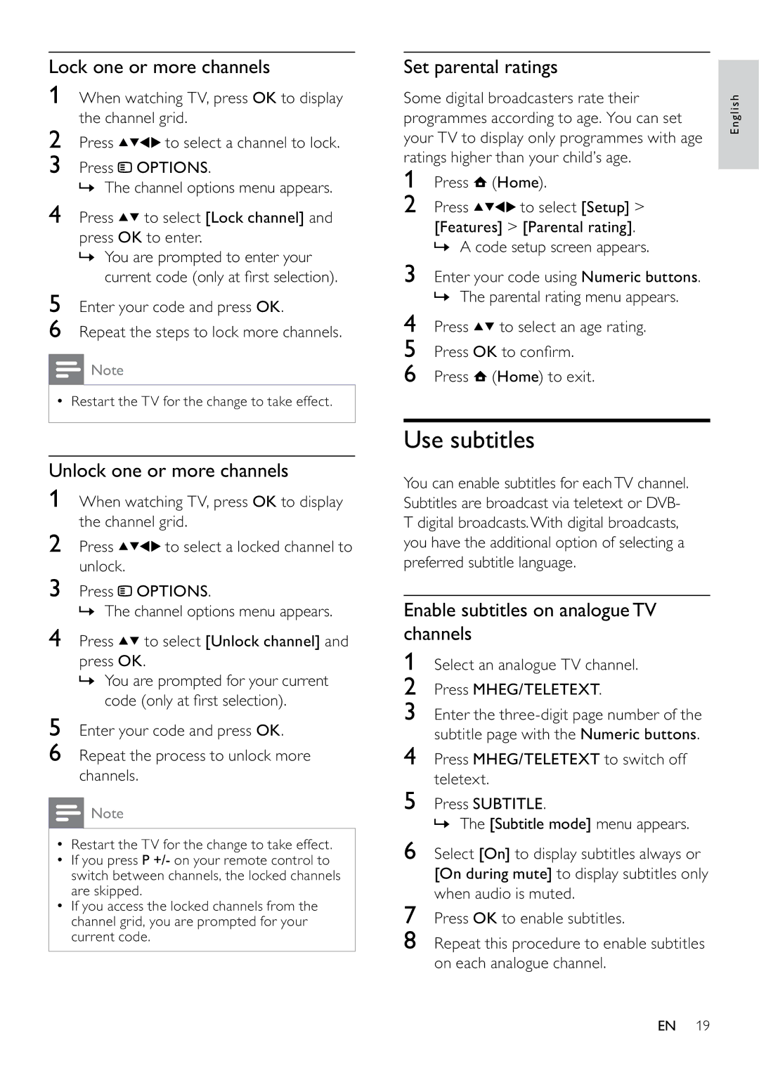 Philips 22PFL5604D/12 Use subtitles, Lock one or more channels, Unlock one or more channels, Set parental ratings 