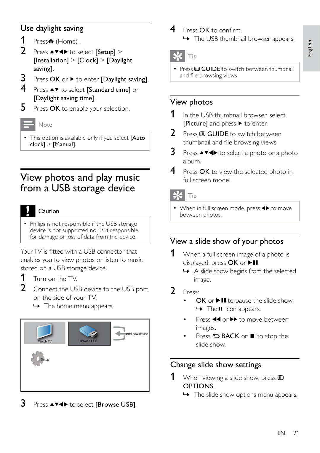 Philips 22PFL5604D/12 Use daylight saving, View photos, View a slide show of your photos, Change slide show settings 