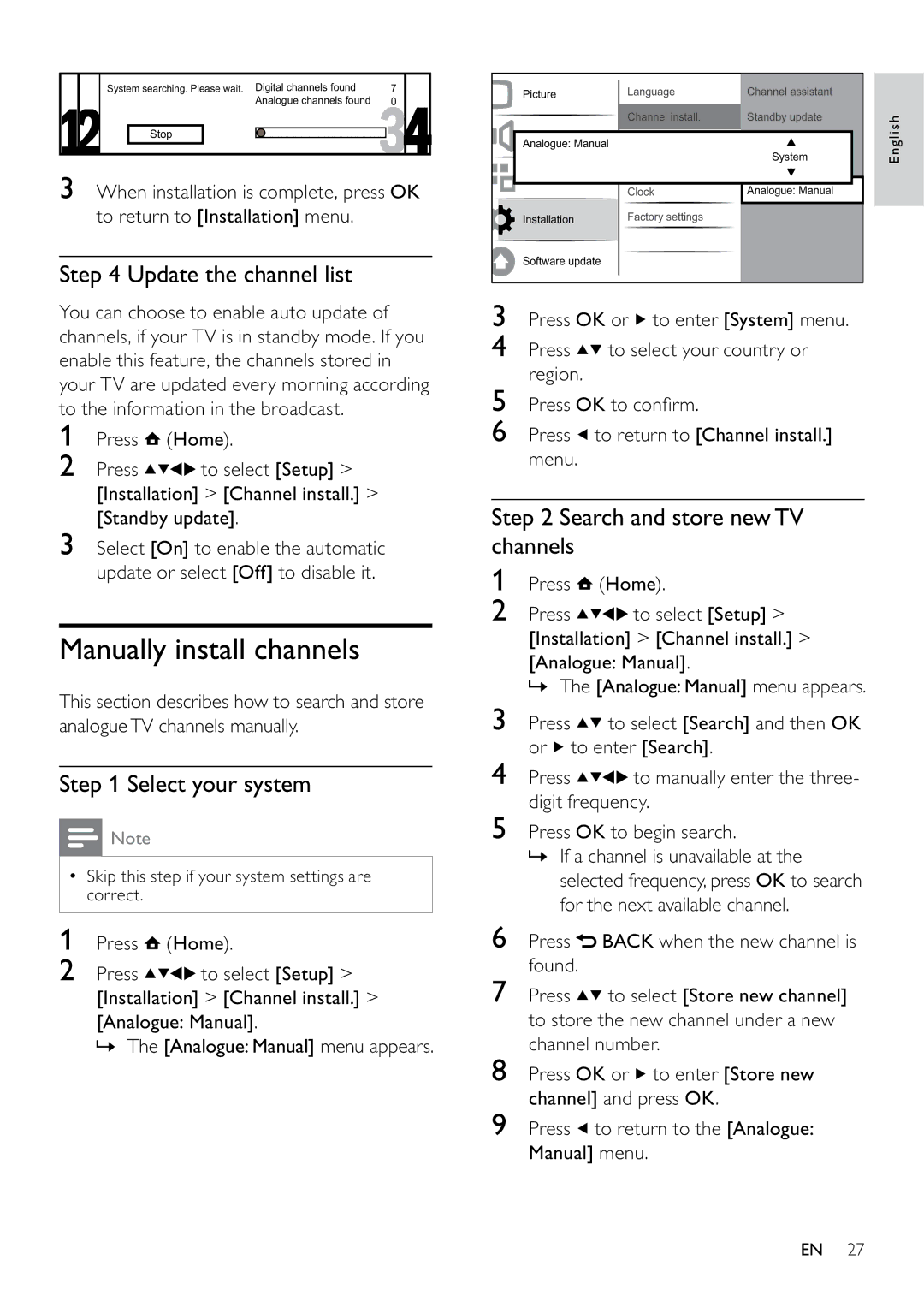 Philips 22PFL5604D/12, 26PFL5604D/12 user manual Manually install channels, Update the channel list, Select your system 