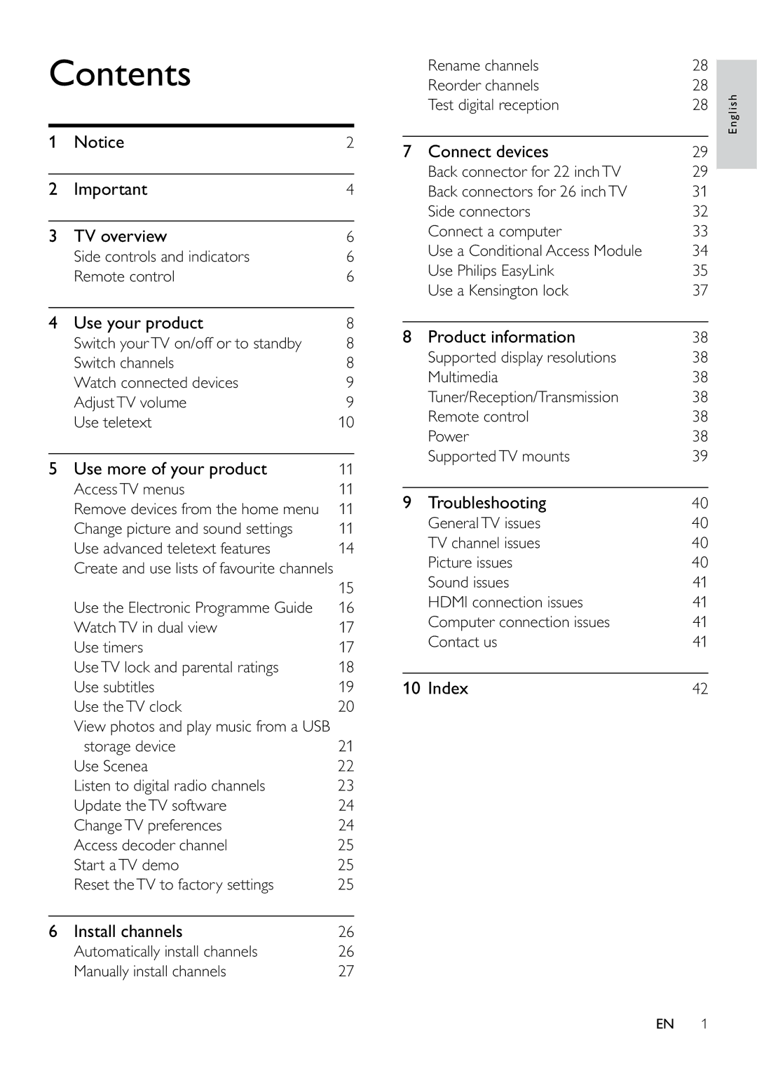 Philips 22PFL5604D/12, 26PFL5604D/12 user manual Contents 