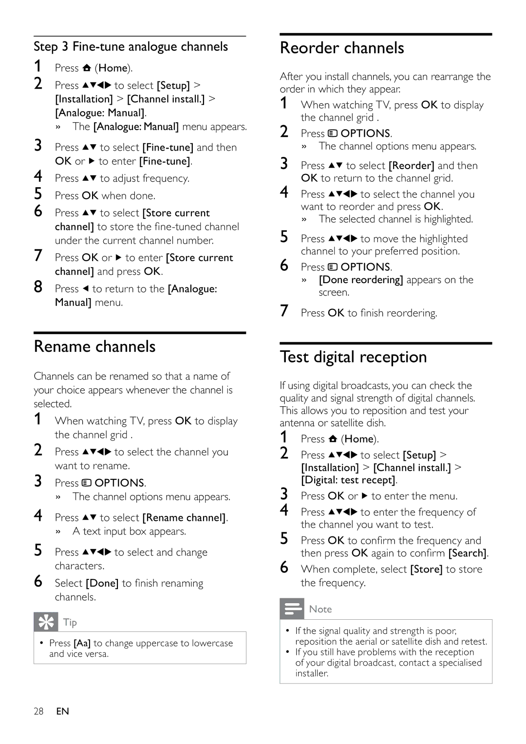 Philips 26PFL5604D/12 user manual Rename channels, Reorder channels, Test digital reception, Fine-tune analogue channels 