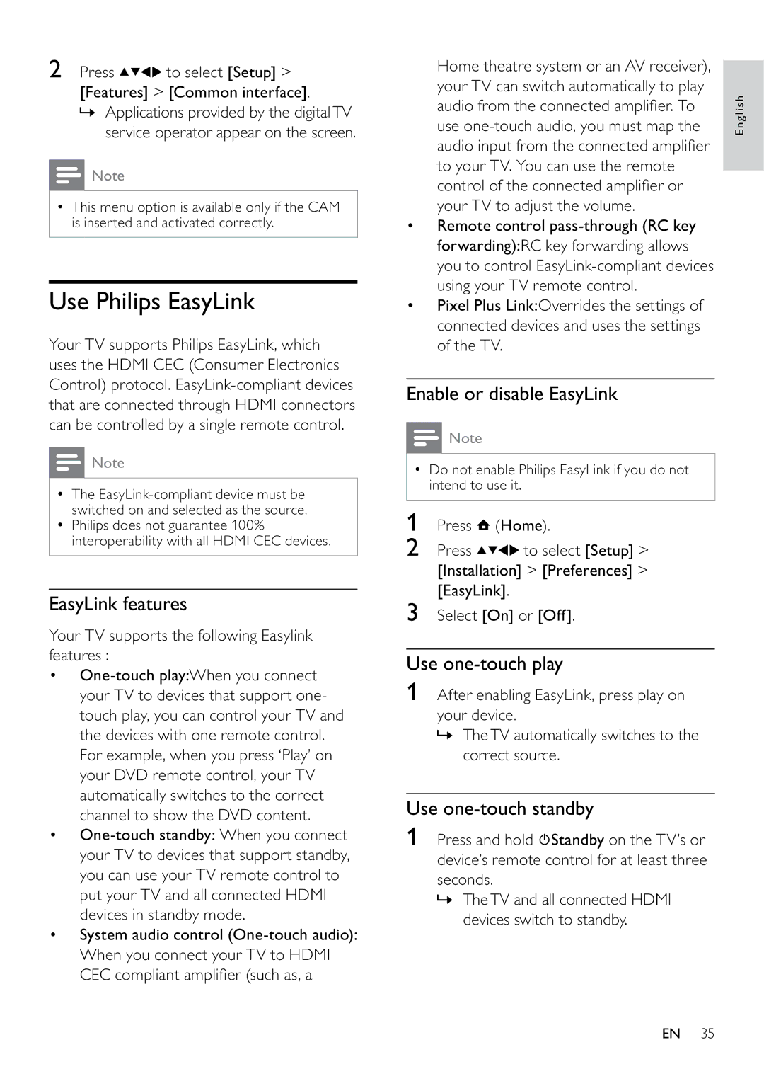 Philips 22PFL5604D/12 user manual Use Philips EasyLink, EasyLink features, Enable or disable EasyLink, Use one-touch play 