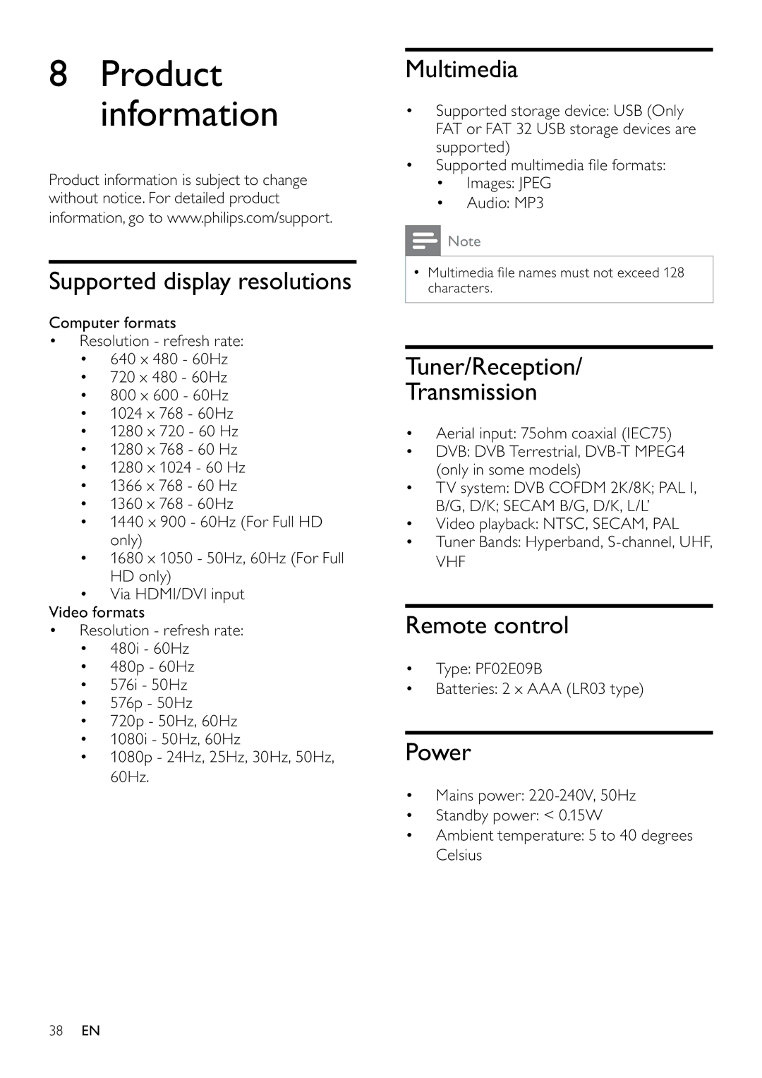 Philips 26PFL5604D/12, 22PFL5604D/12 Supported display resolutions, Multimedia, Tuner/Reception Transmission, Power 