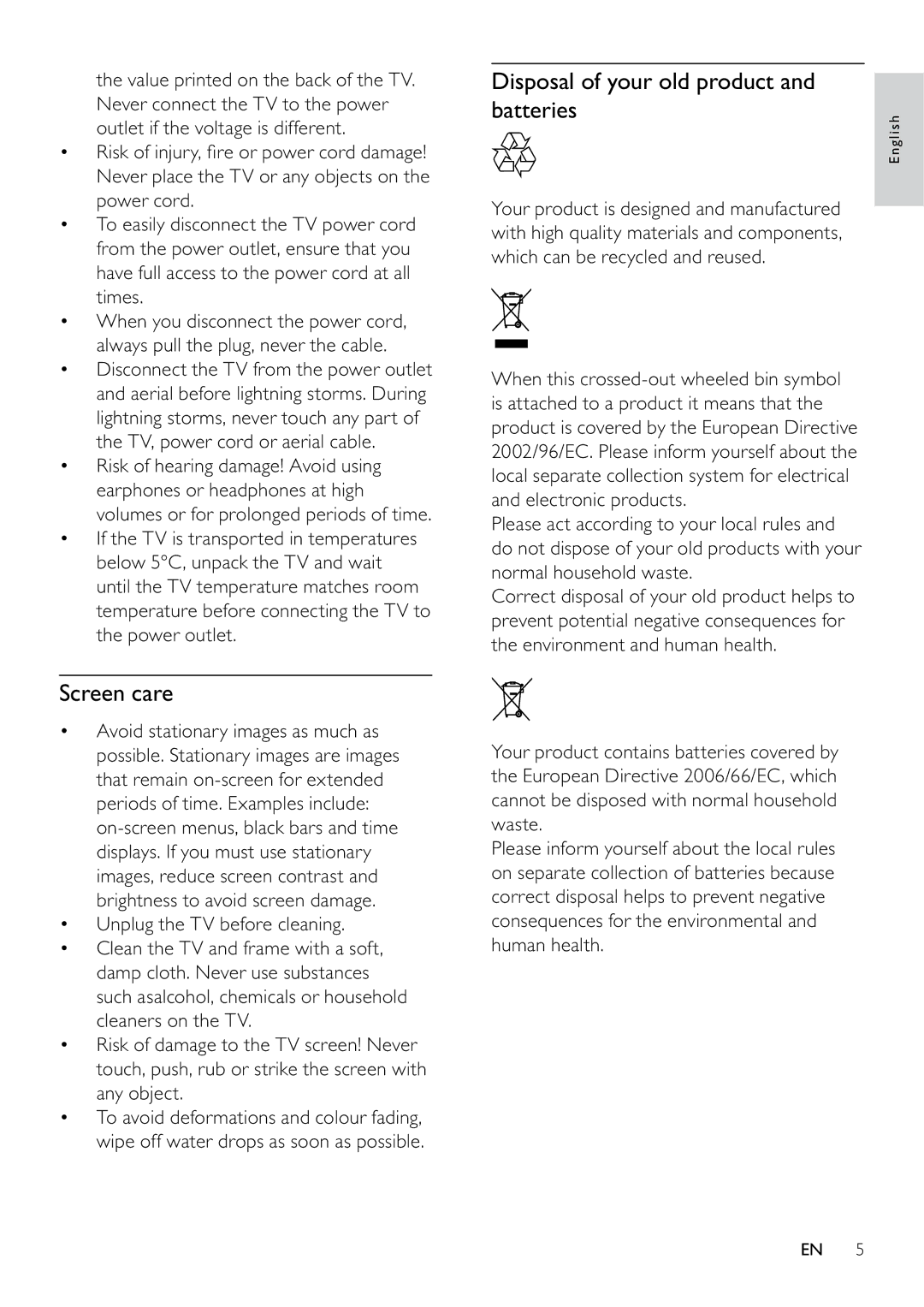 Philips 22PFL5604D/12, 26PFL5604D/12 user manual Screen care, Disposal of your old product and batteries 