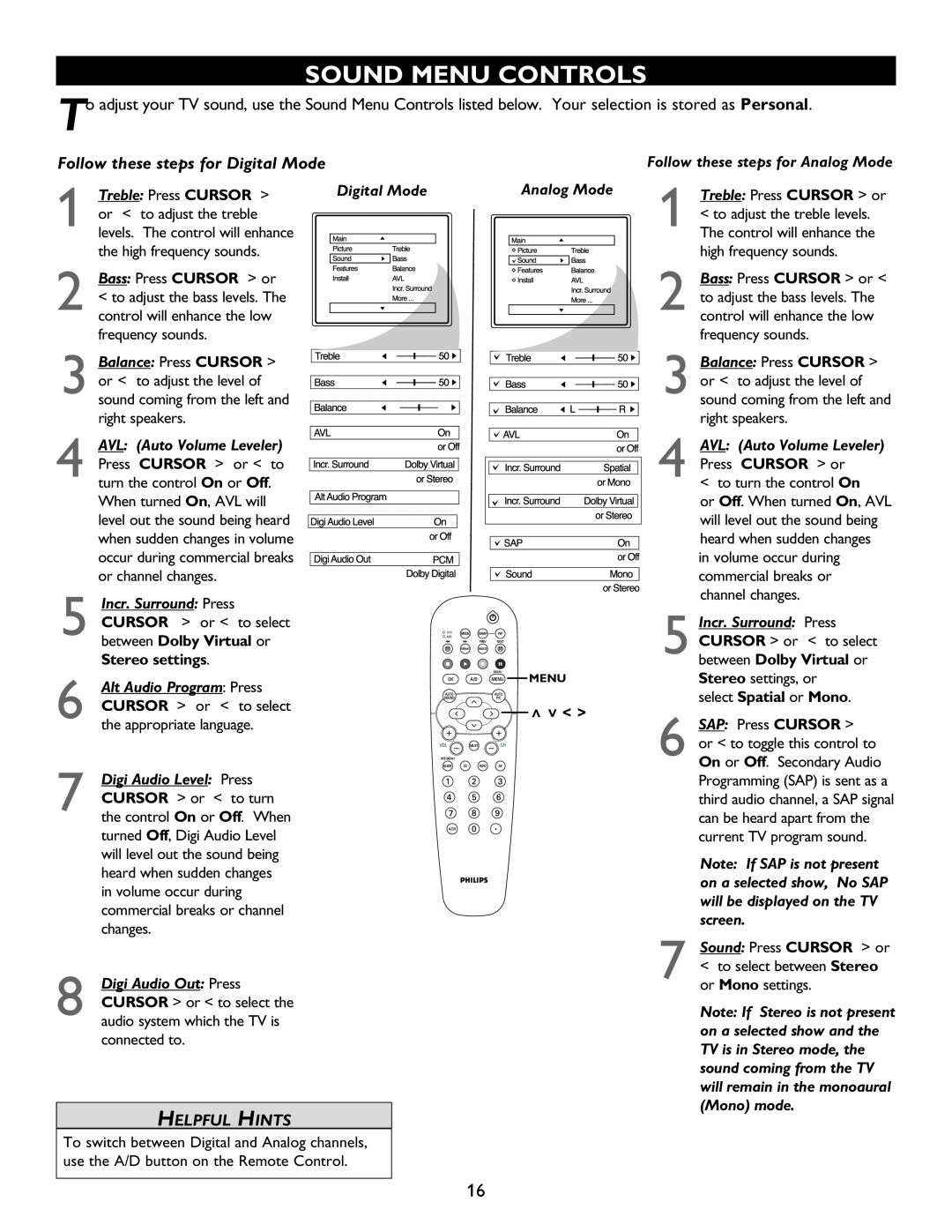 Philips 26PW9100D Sound Menu Controls, Balance Press CURSOR, AVL Auto Volume Leveler, Incr. Surround Press, screen 