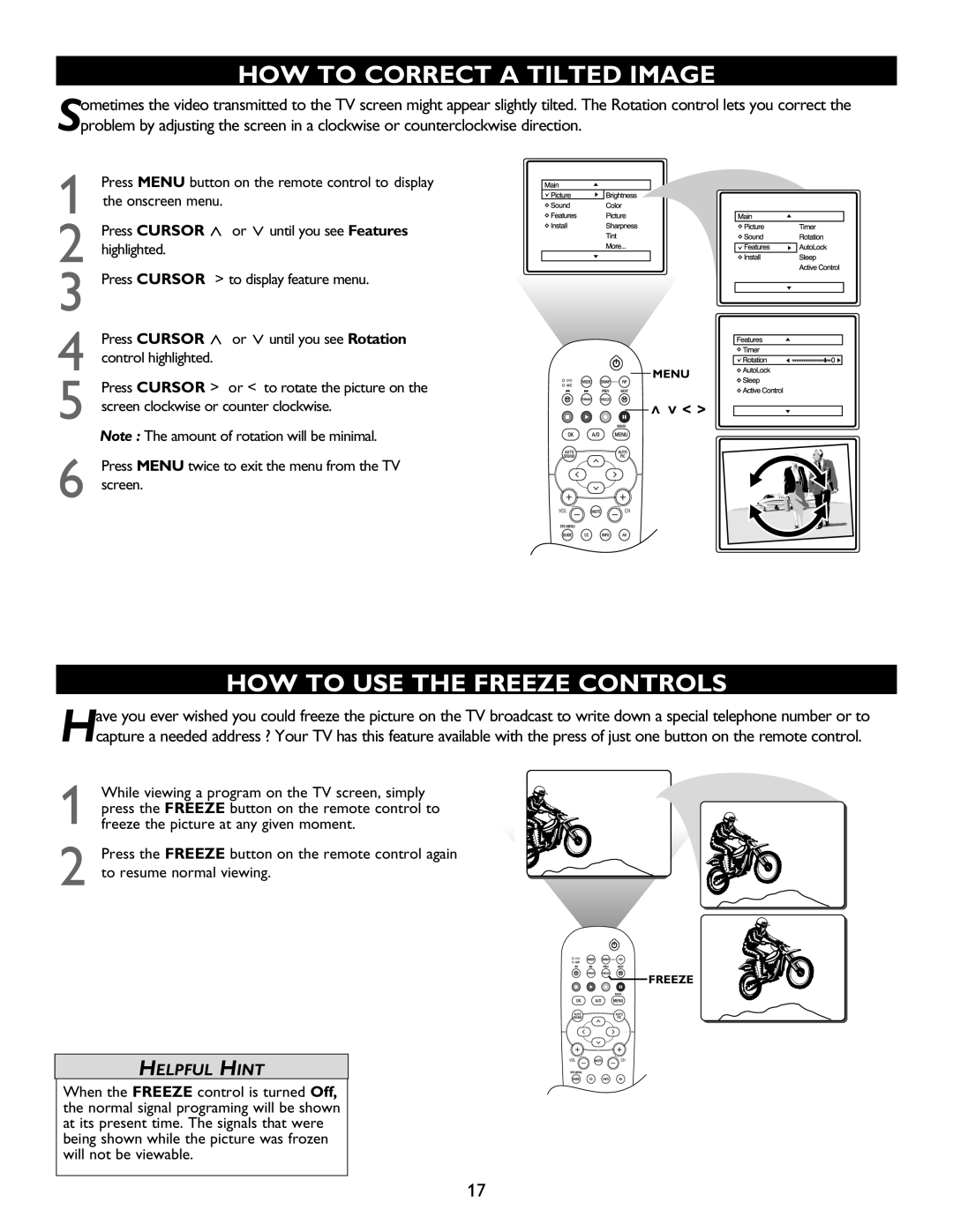 Philips 32PT9100D, 26PW9100D, 30PW9110D, 30PW9100D user manual How To Correct A Tilted Image, How To Use The Freeze Controls 