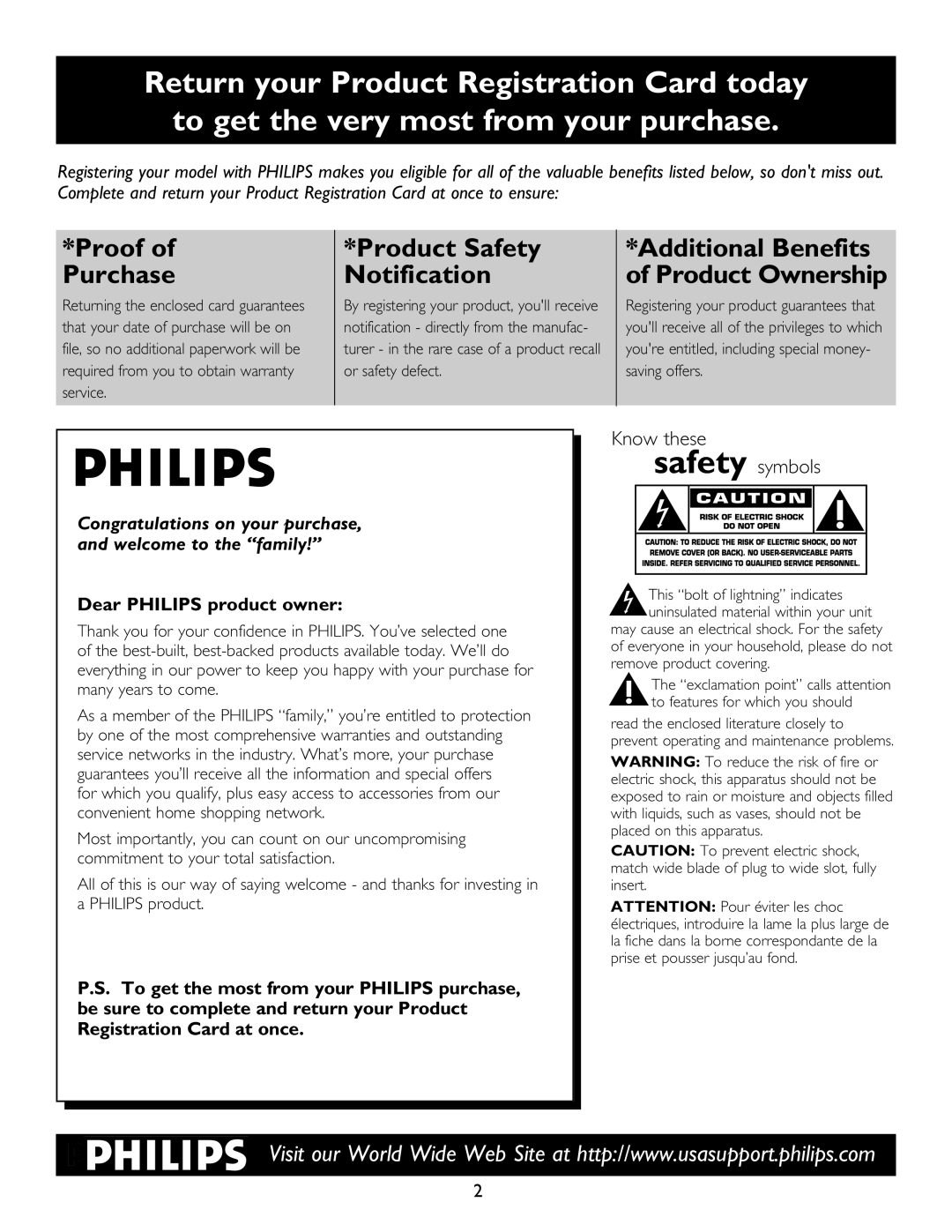 Philips 30PW9110D Product Safety Notification, Dear PHILIPS product owner, Proof of Purchase, Know these safety symbols 
